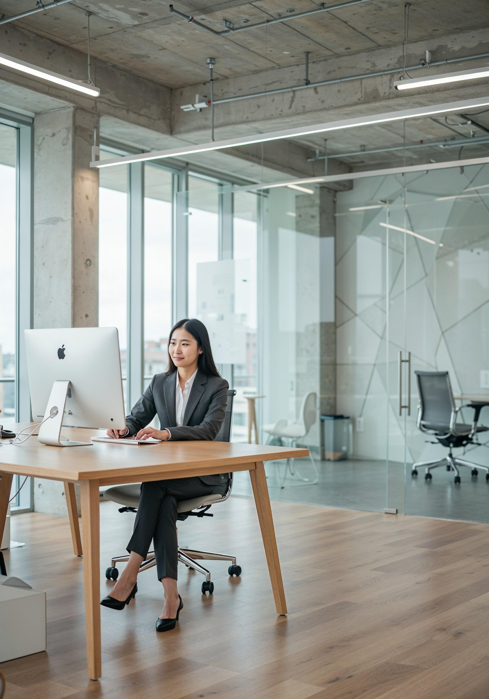 Young Professional Woman Working on Laptop in Modern Office Workspace