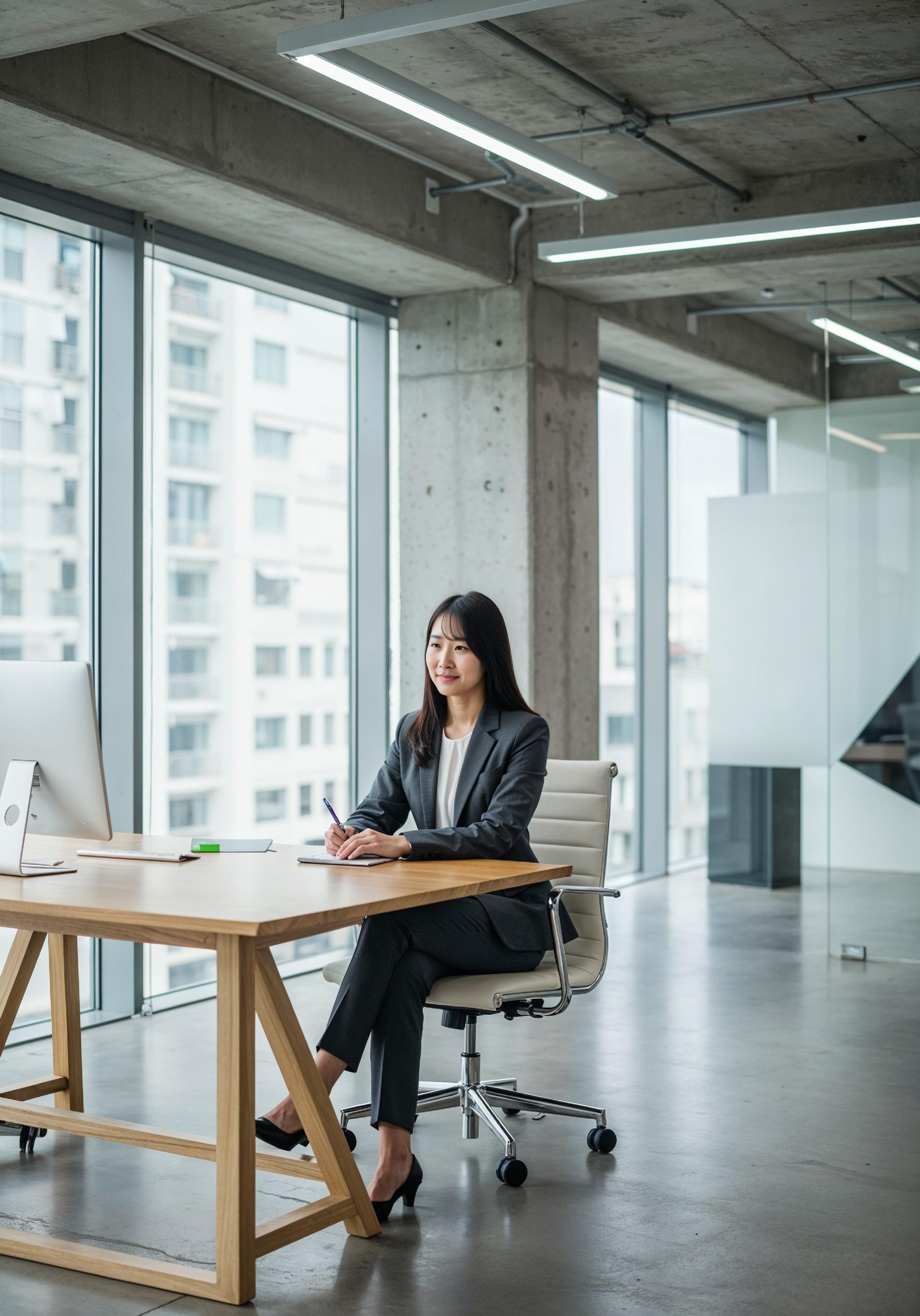 Young Professional Woman Working on Laptop in Modern Office Workspace