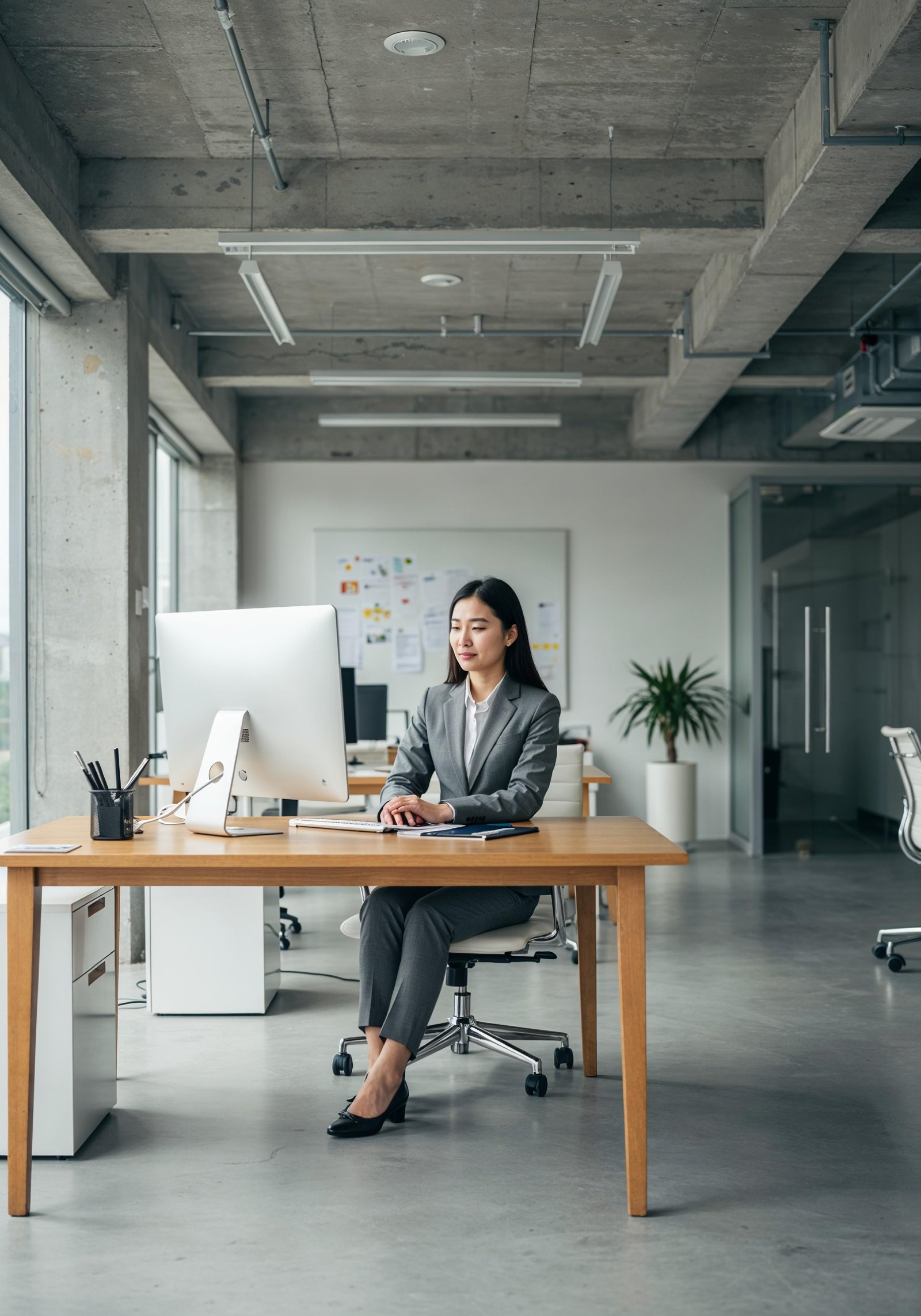 Young Professional Woman Working on Laptop in Modern Office Workspace