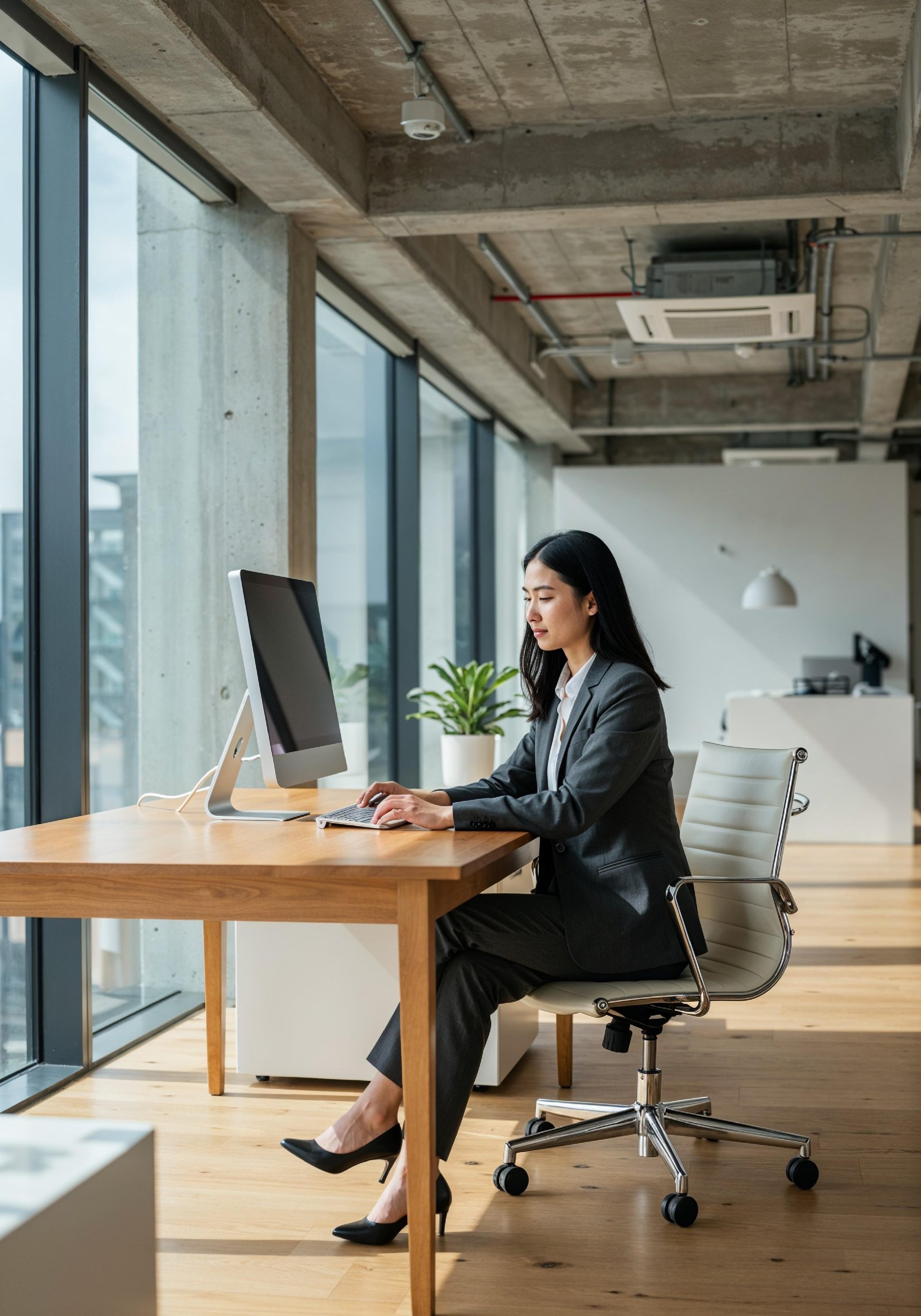 Young Professional Woman Working on Laptop in Modern Office Workspace
