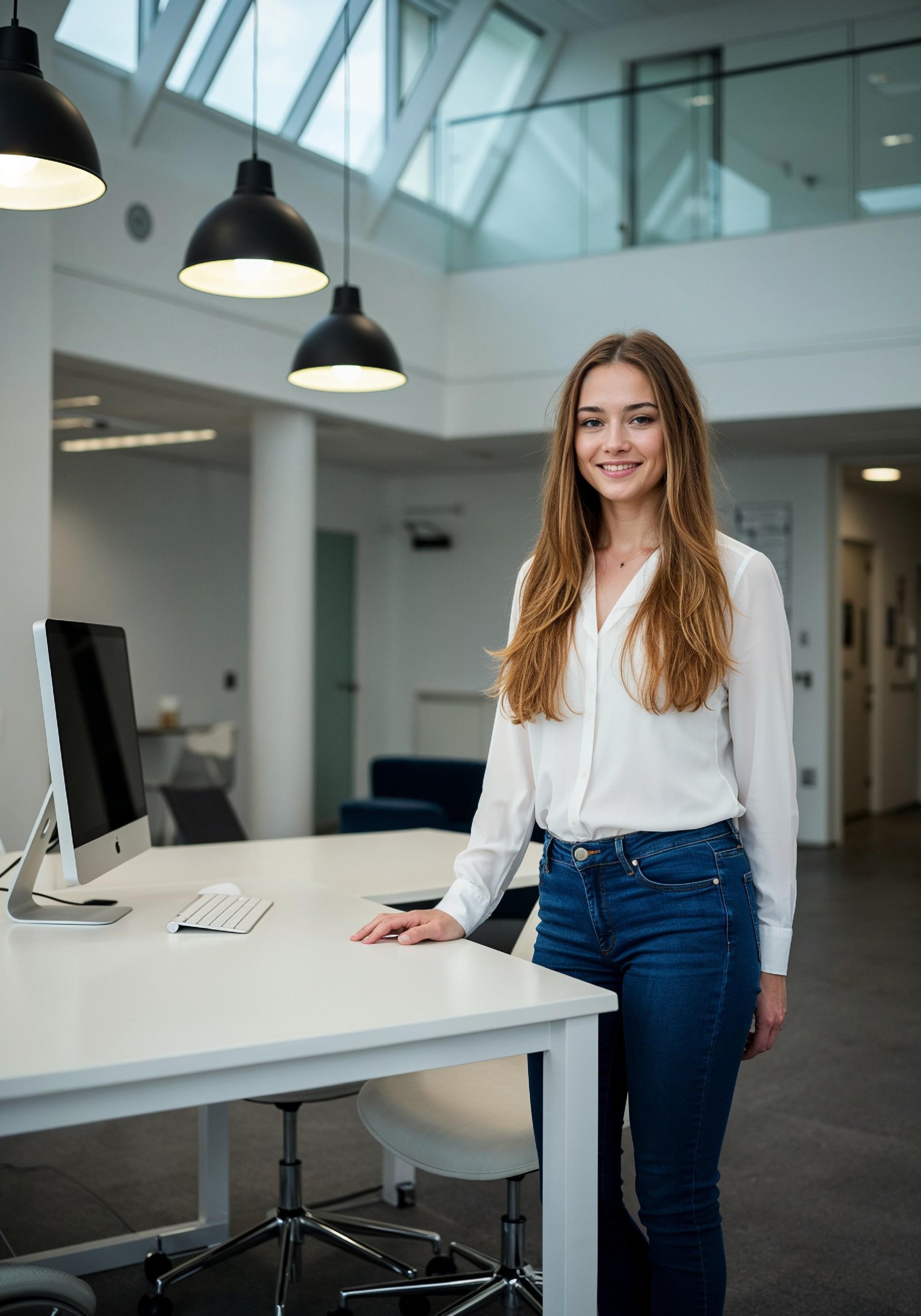 Young Professional Woman Working on Laptop in Modern Office Workspace