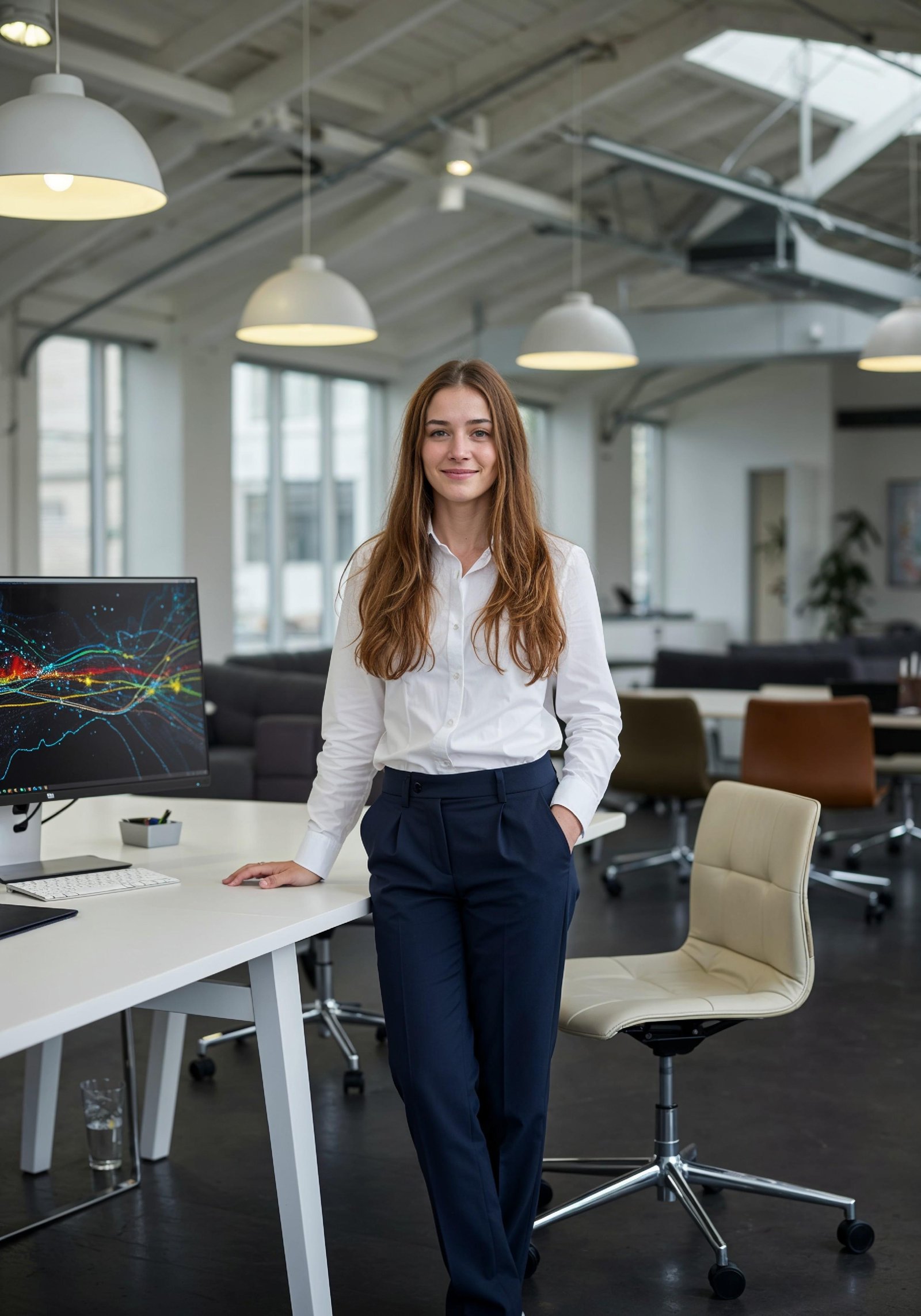 Young Professional Woman Working on Laptop in Modern Office Workspace