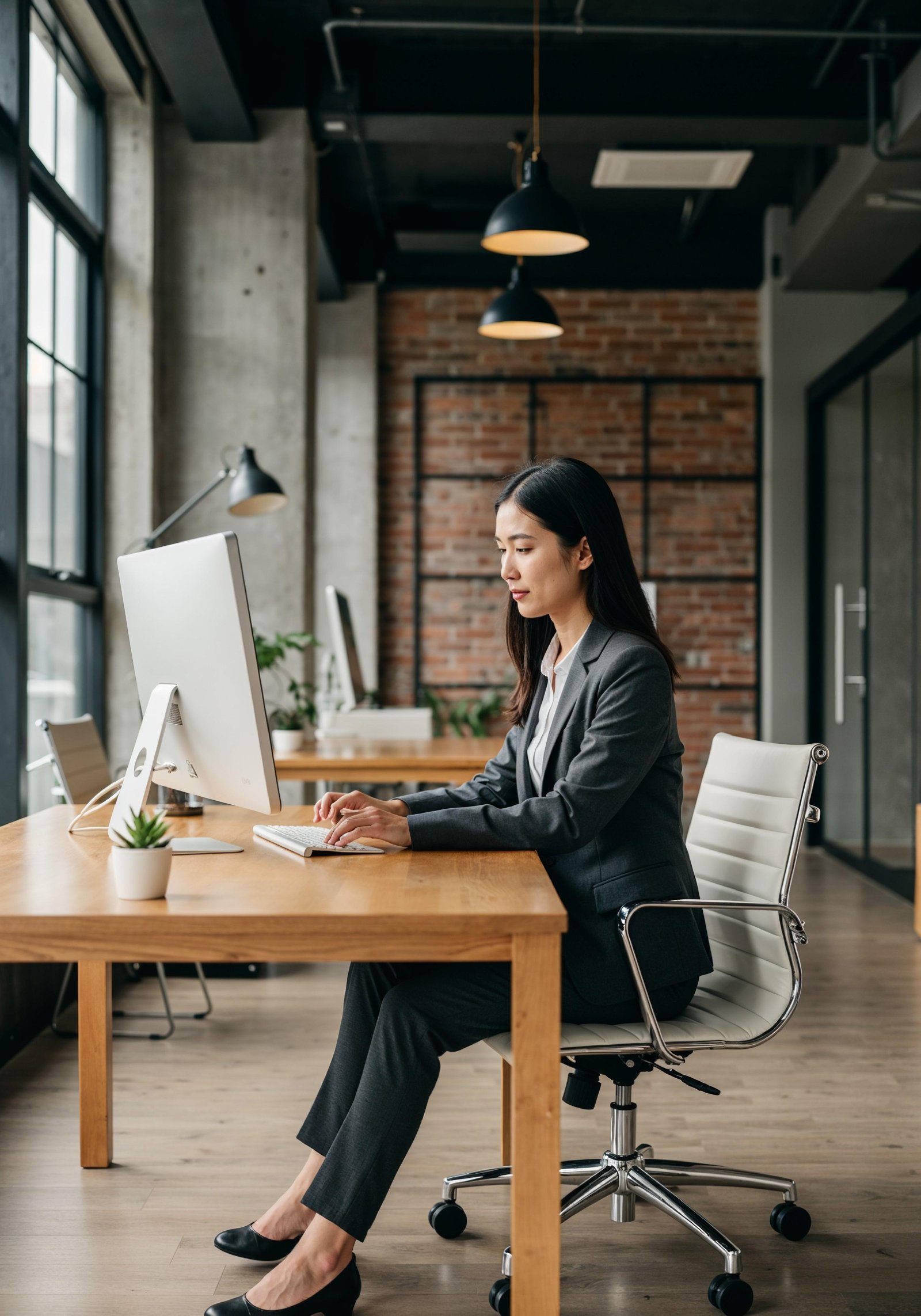 Young Professional Woman Working on Laptop in Modern Office Workspace