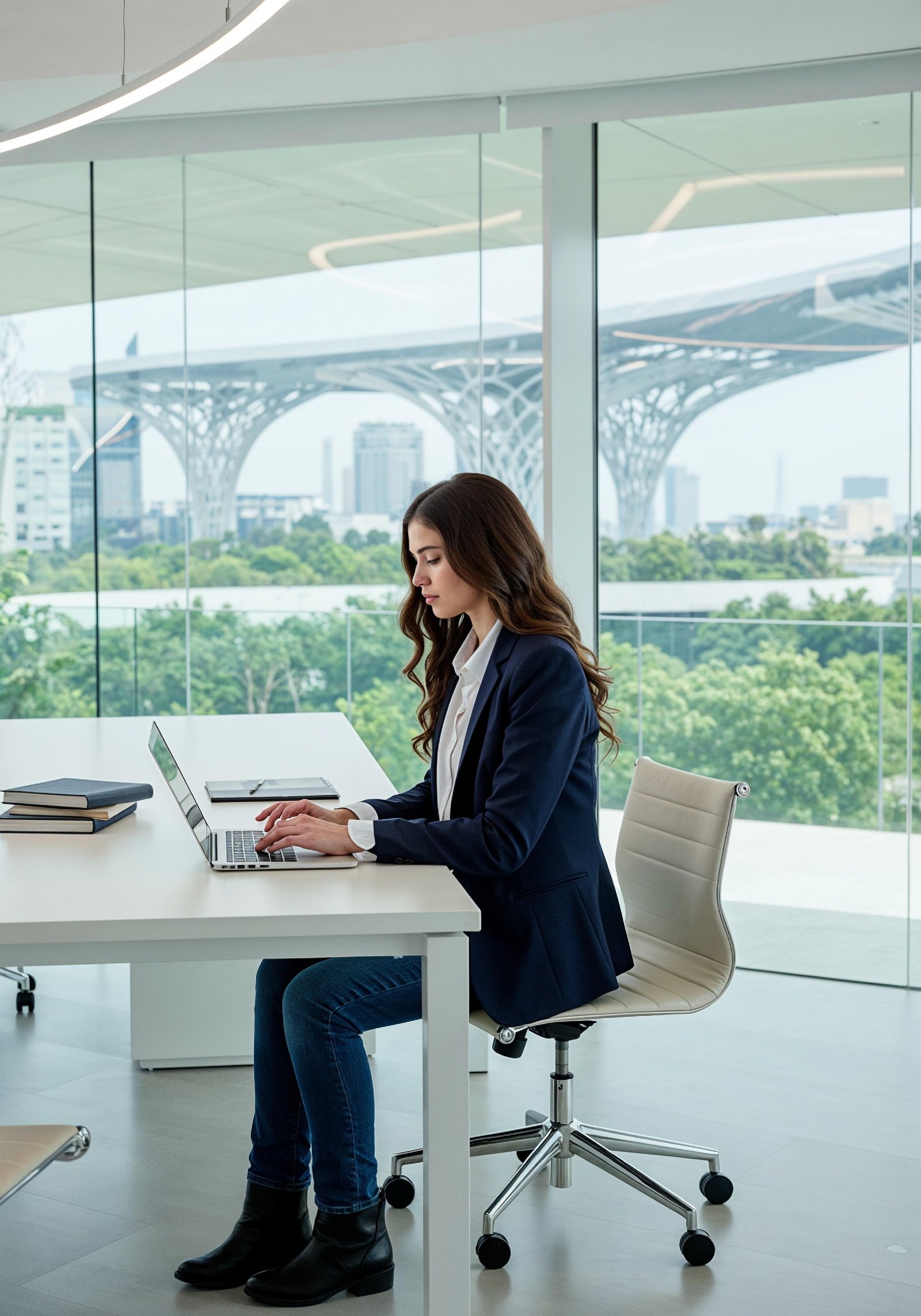Young Professional Woman Working on Laptop in Modern Office Workspace