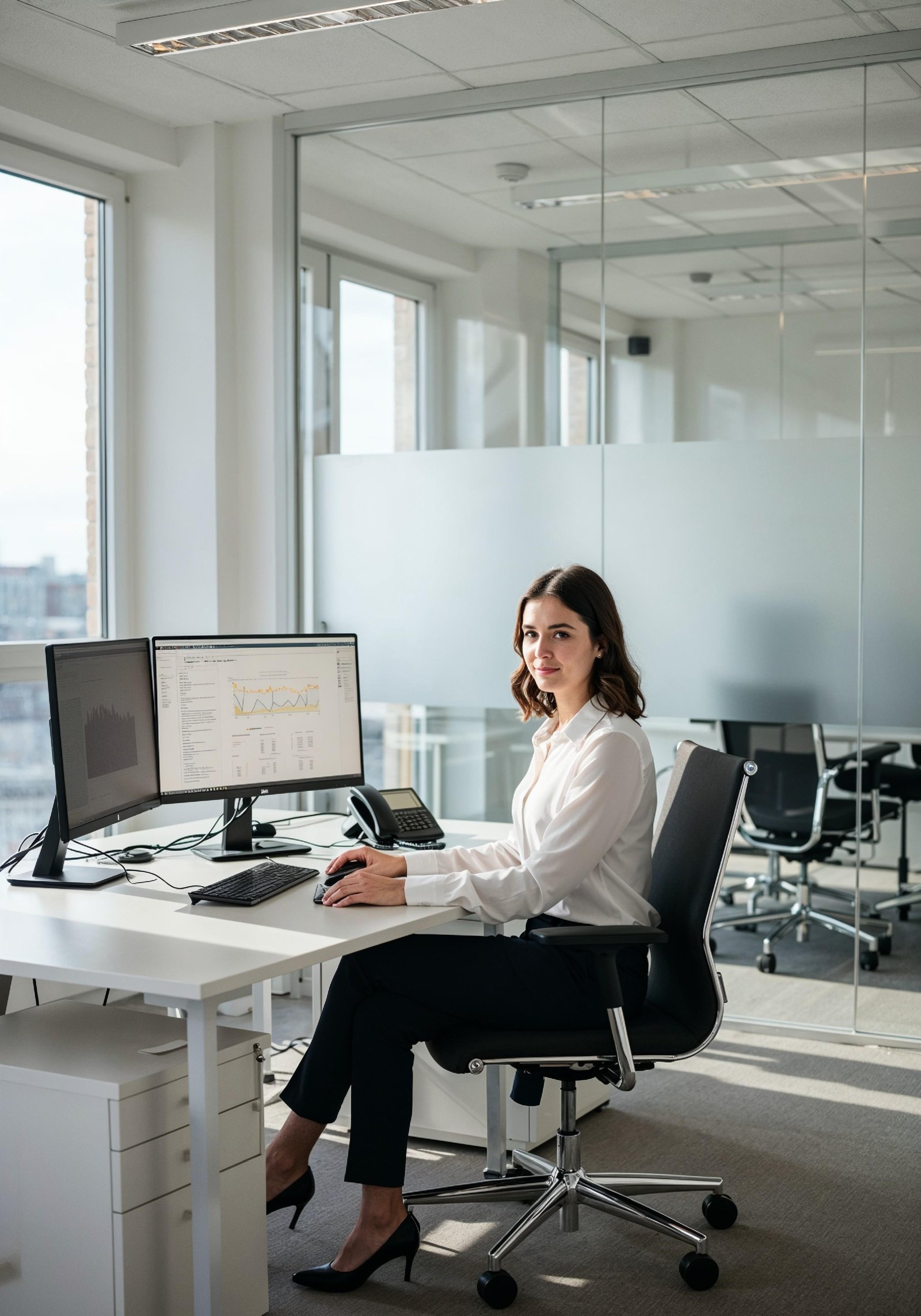 Young Professional Woman Working on Laptop in Modern Office Workspace