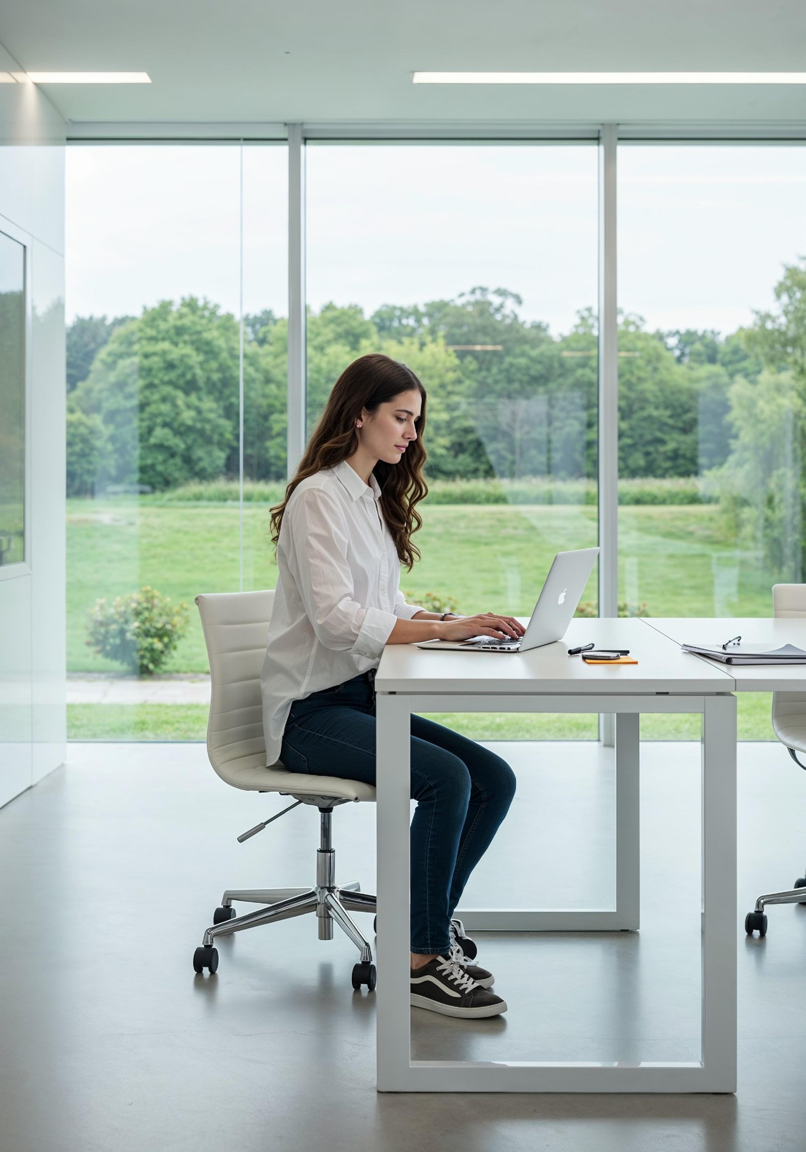 Young Professional Woman Working on Laptop in Modern Office Workspace