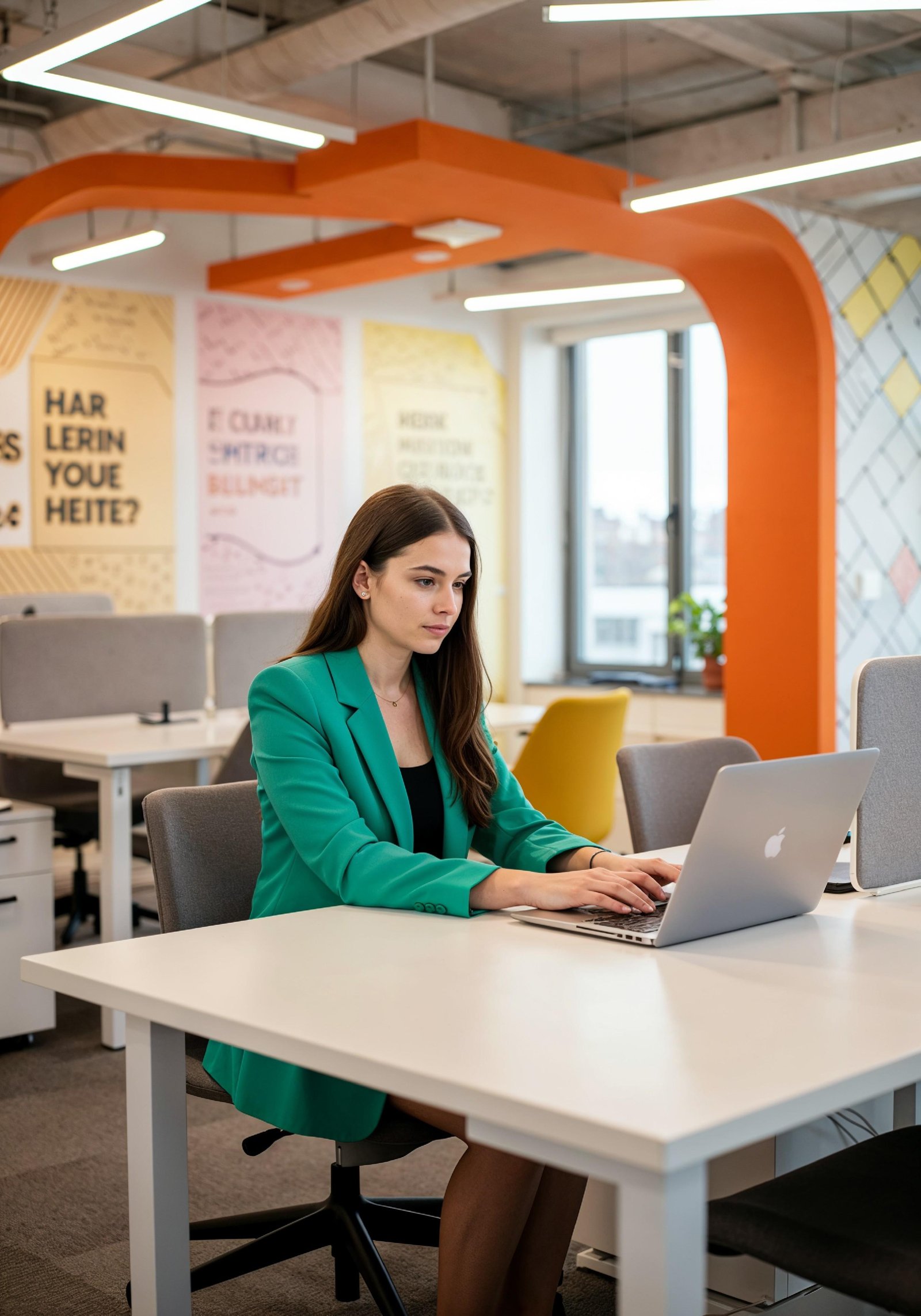 Young Professional Woman Working on Laptop in Modern Office Workspace