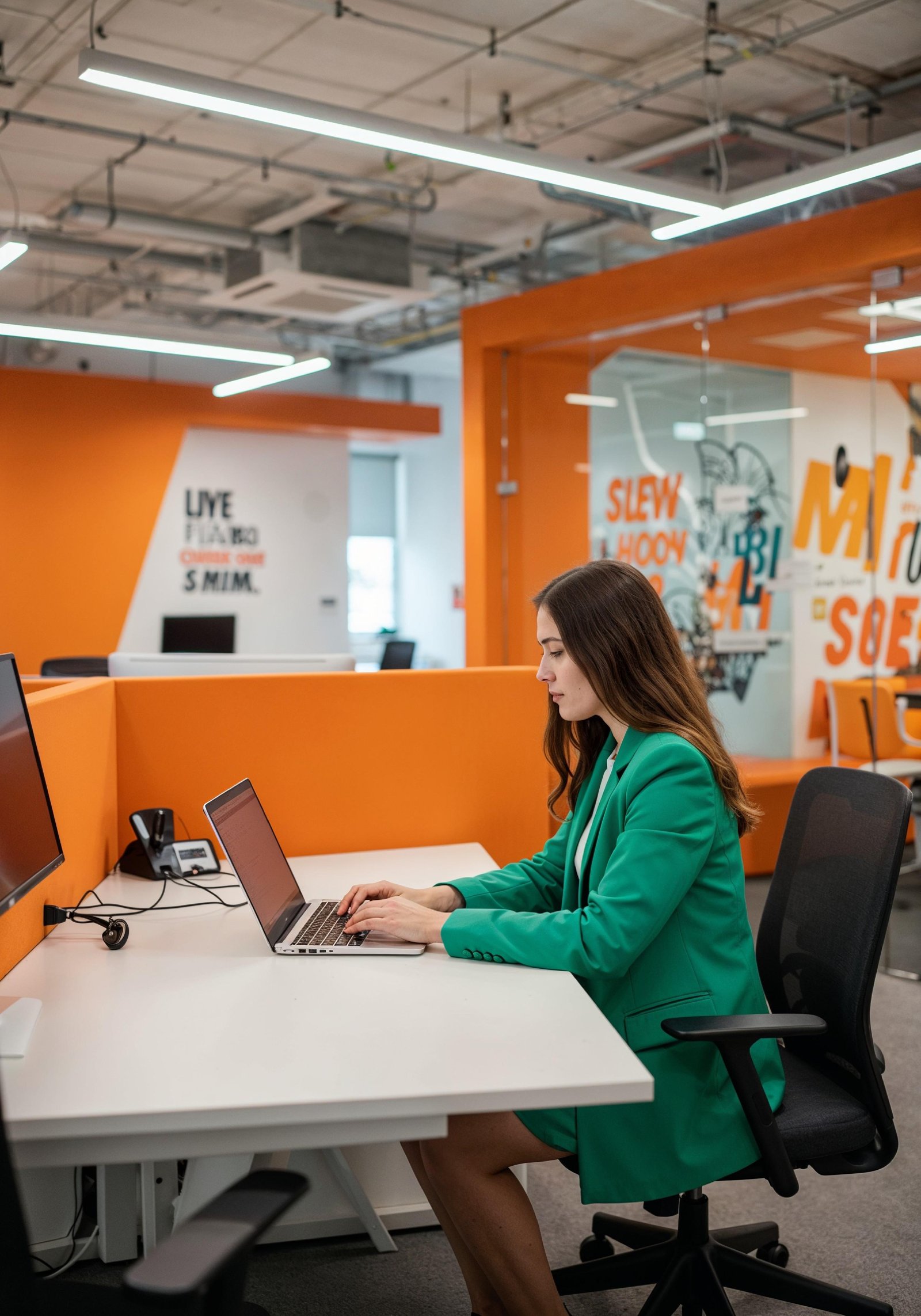 Young Professional Woman Working on Laptop in Modern Office Workspace