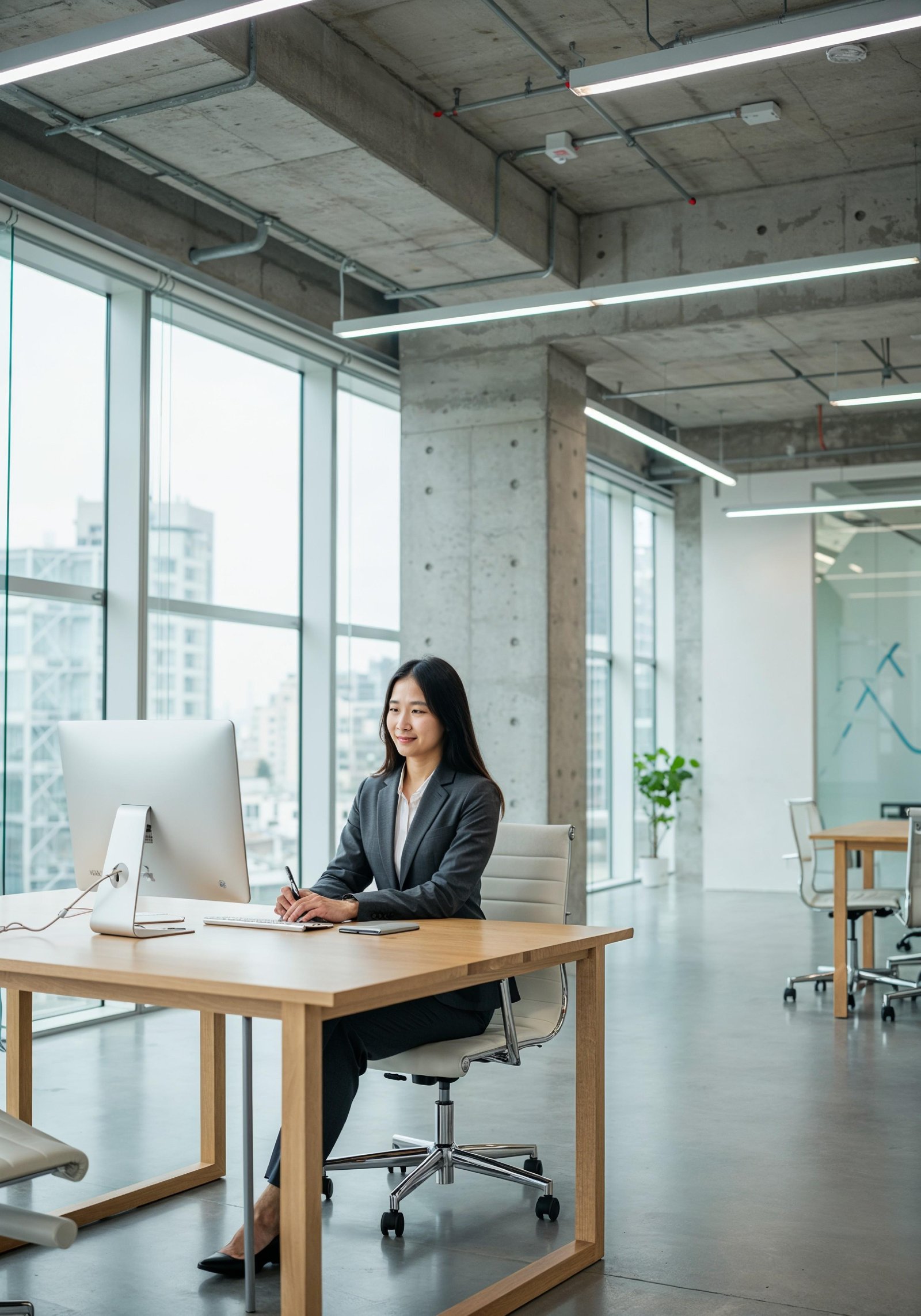 Young Professional Woman Working on Laptop in Modern Office Workspace