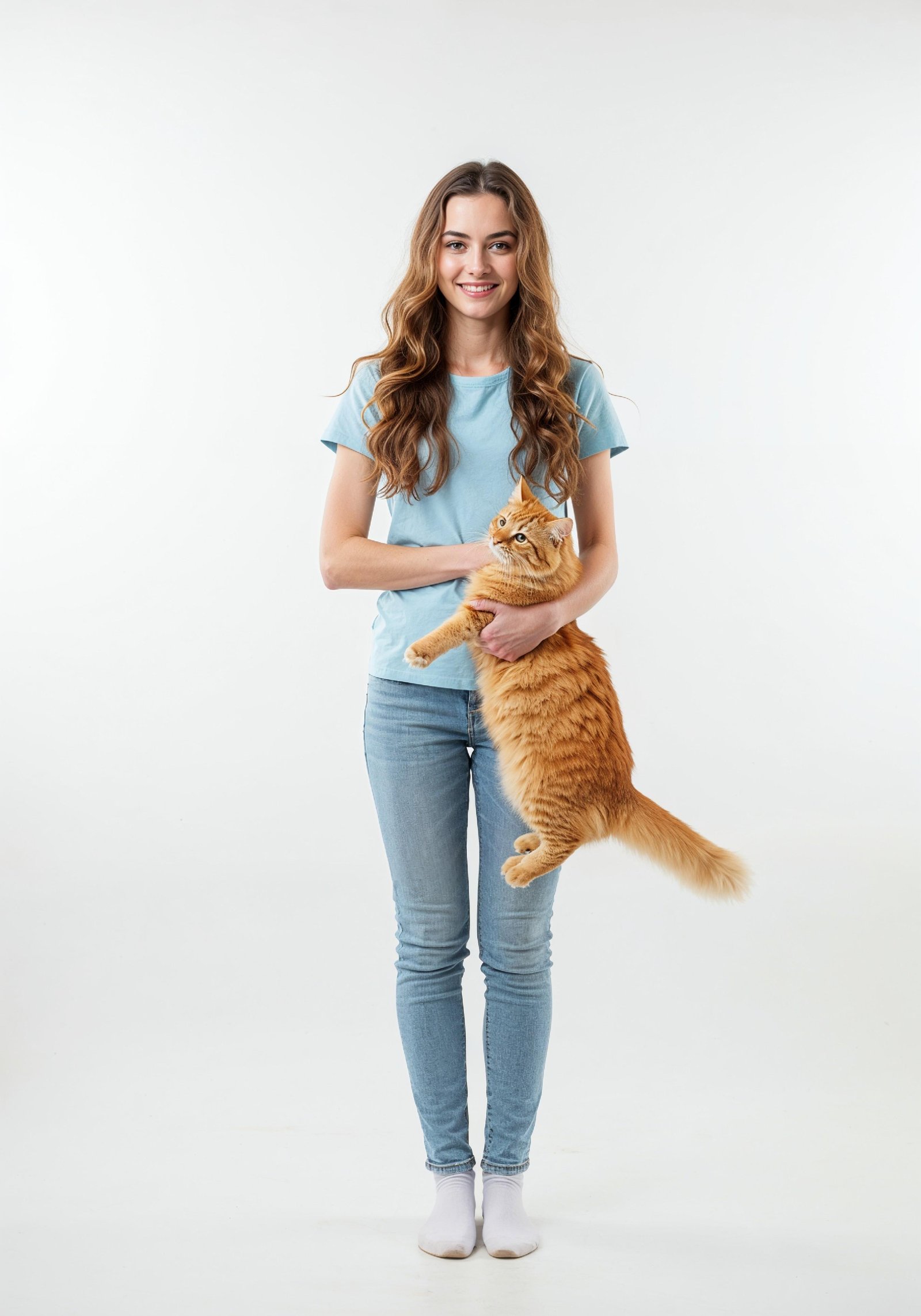 Young Woman Holding Pet Cat Lifestyle Portrait with Casual Fashion and Animal Companion