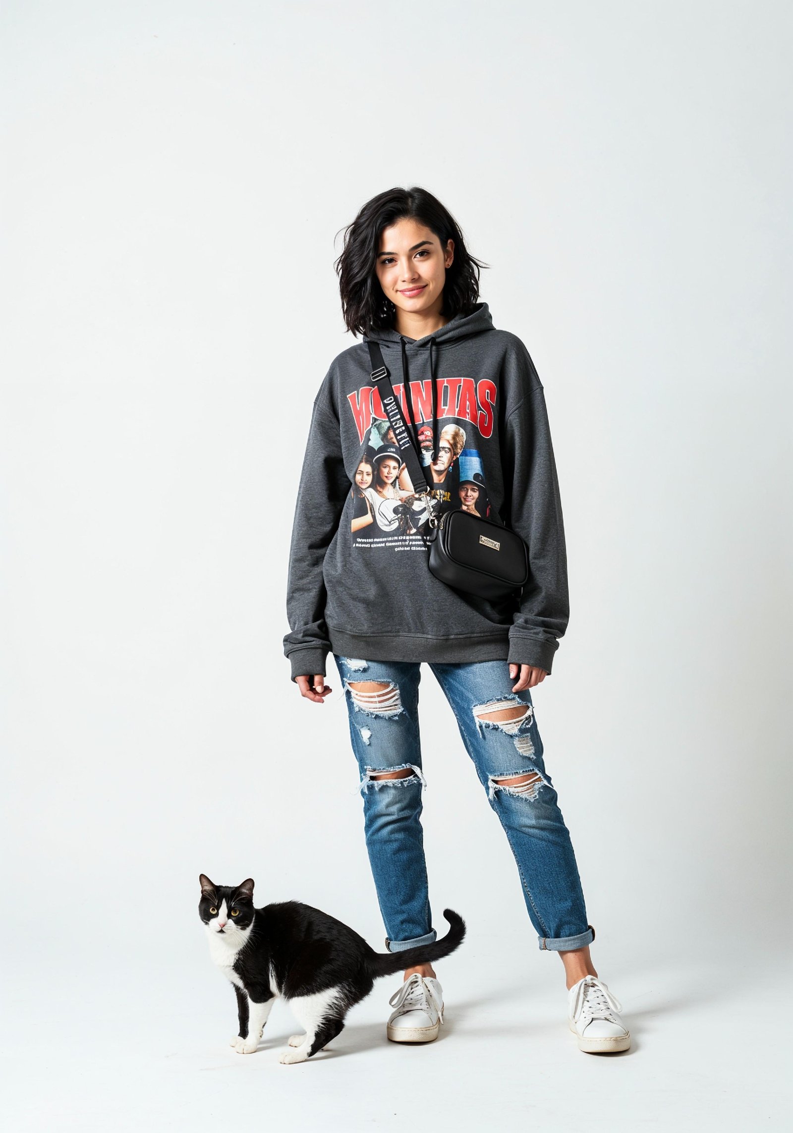 Young Woman Holding Pet Cat Lifestyle Portrait with Casual Fashion and Animal Companion