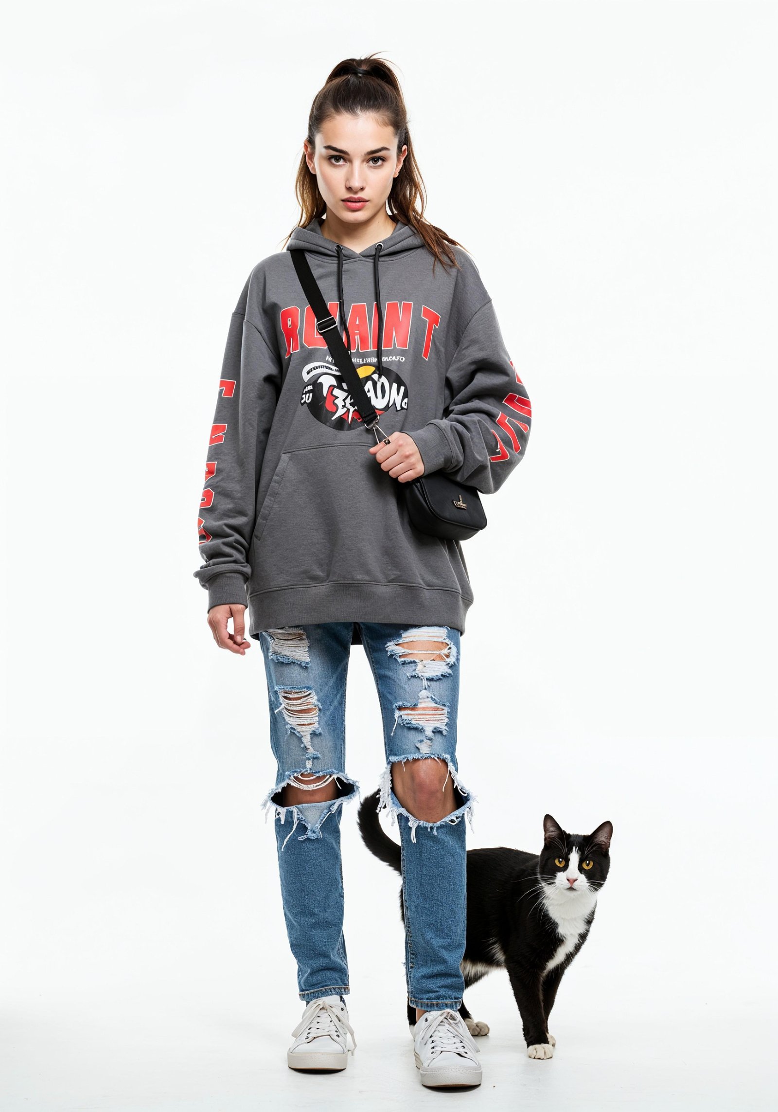 Young Woman Holding Pet Cat Lifestyle Portrait with Casual Fashion and Animal Companion