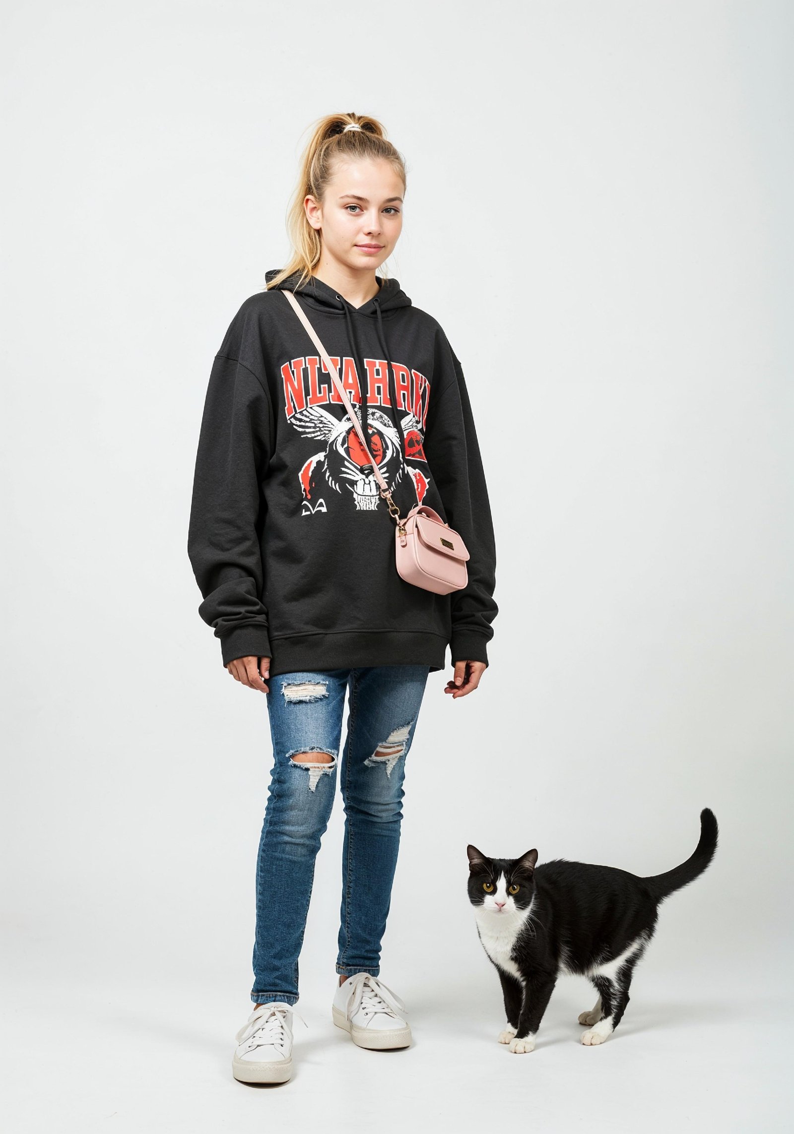 Young Woman Holding Pet Cat Lifestyle Portrait with Casual Fashion and Animal Companion
