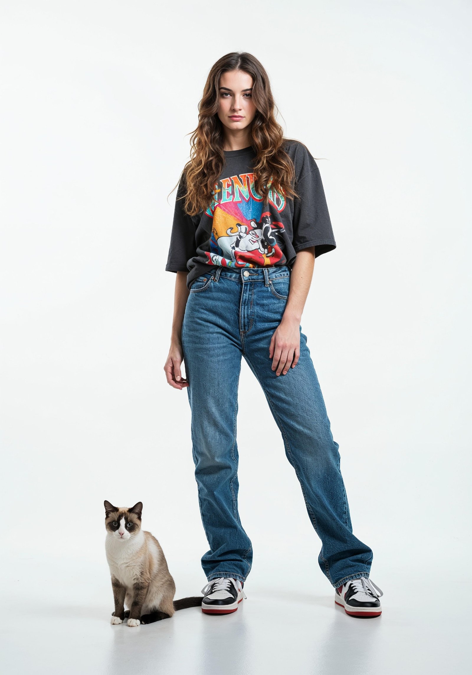 Young Woman Holding Pet Cat Lifestyle Portrait with Casual Fashion and Animal Companion