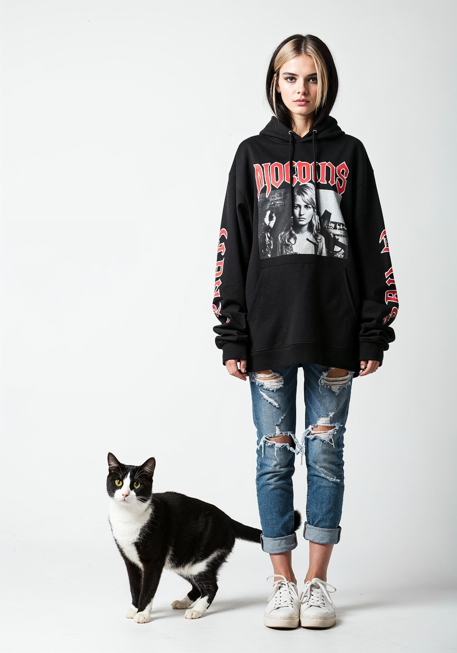 Young Woman Holding Pet Cat Lifestyle Portrait with Casual Fashion and Animal Companion