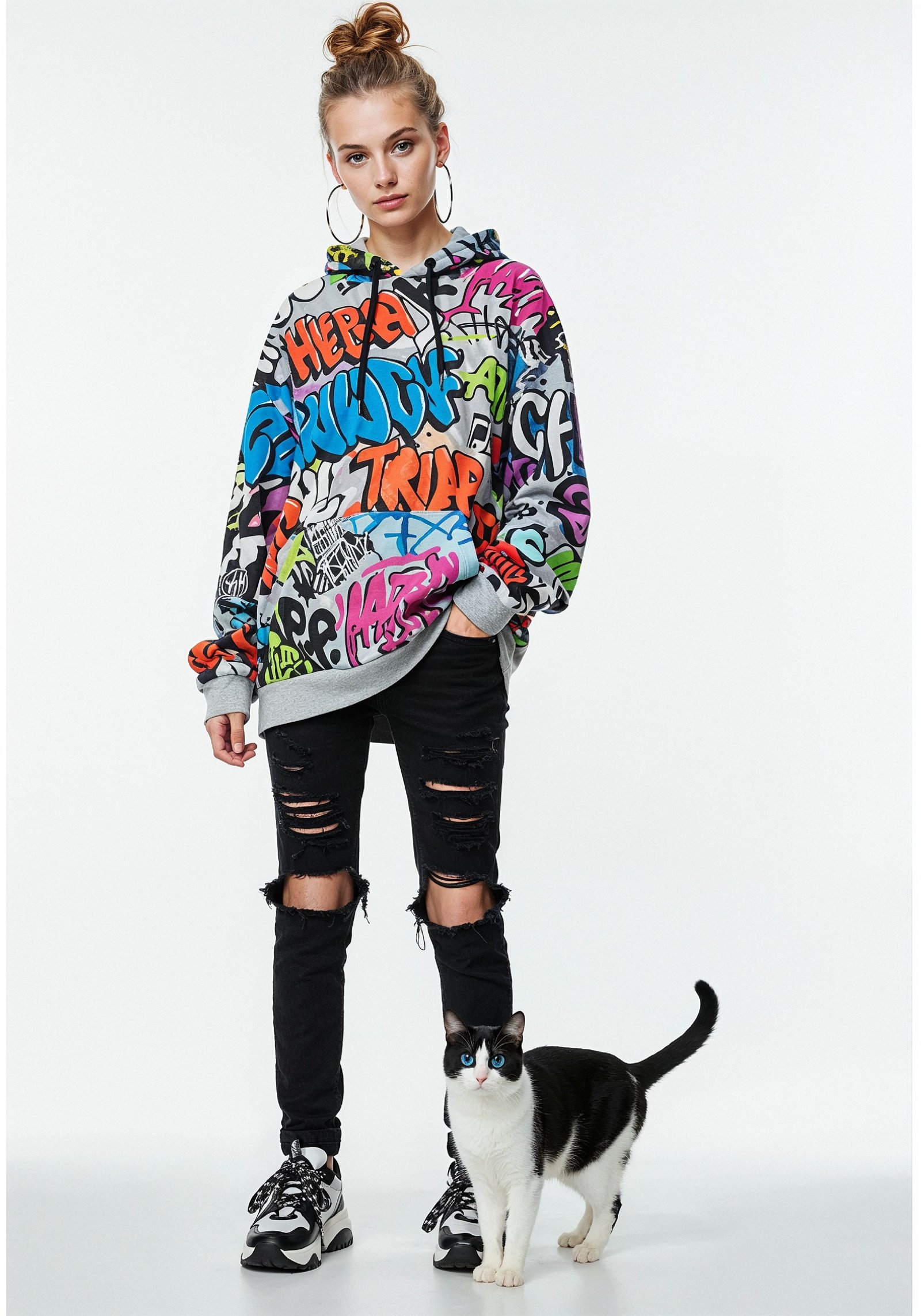 Young Woman Holding Pet Cat Lifestyle Portrait with Casual Fashion and Animal Companion