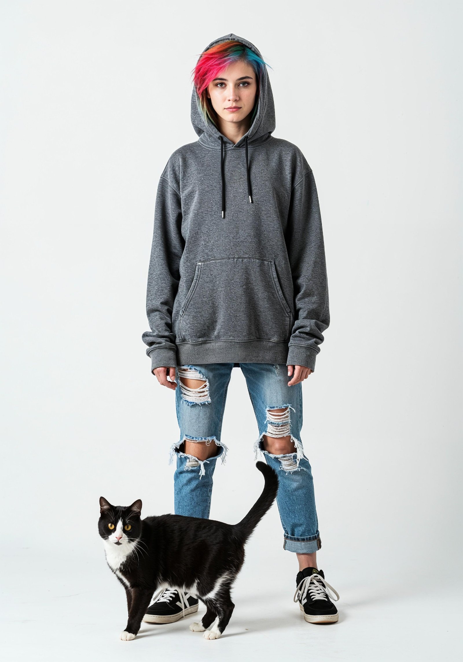 Young Woman Holding Pet Cat Lifestyle Portrait with Casual Fashion and Animal Companion