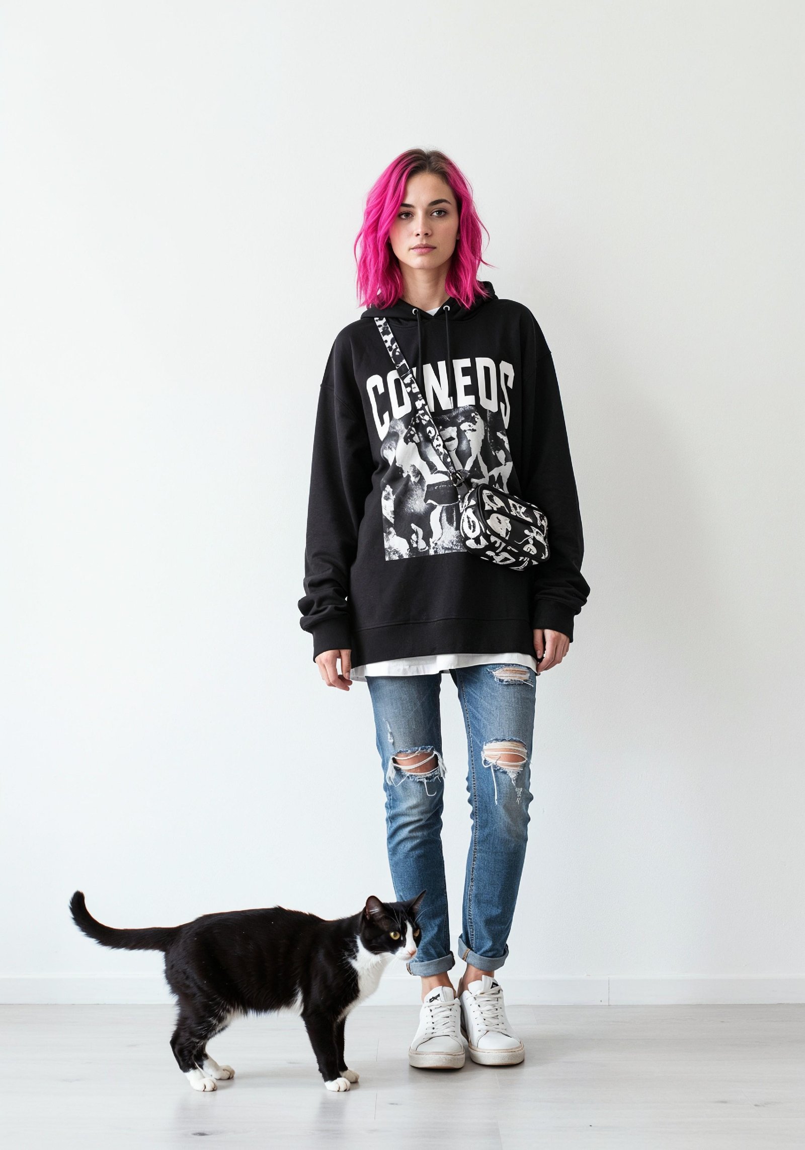 Young Woman Holding Pet Cat Lifestyle Portrait with Casual Fashion and Animal Companion