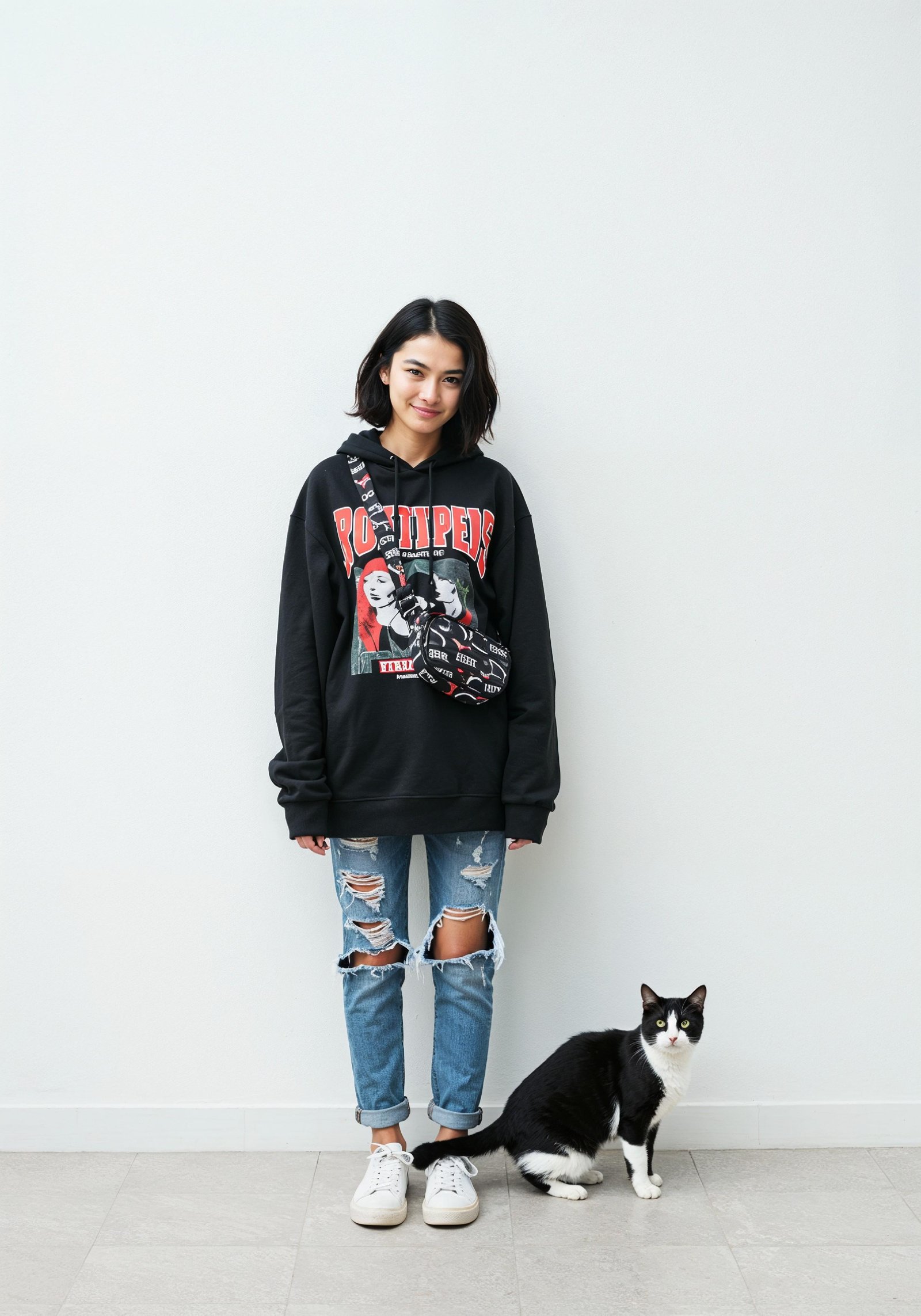 Young Woman Holding Pet Cat Lifestyle Portrait with Casual Fashion and Animal Companion