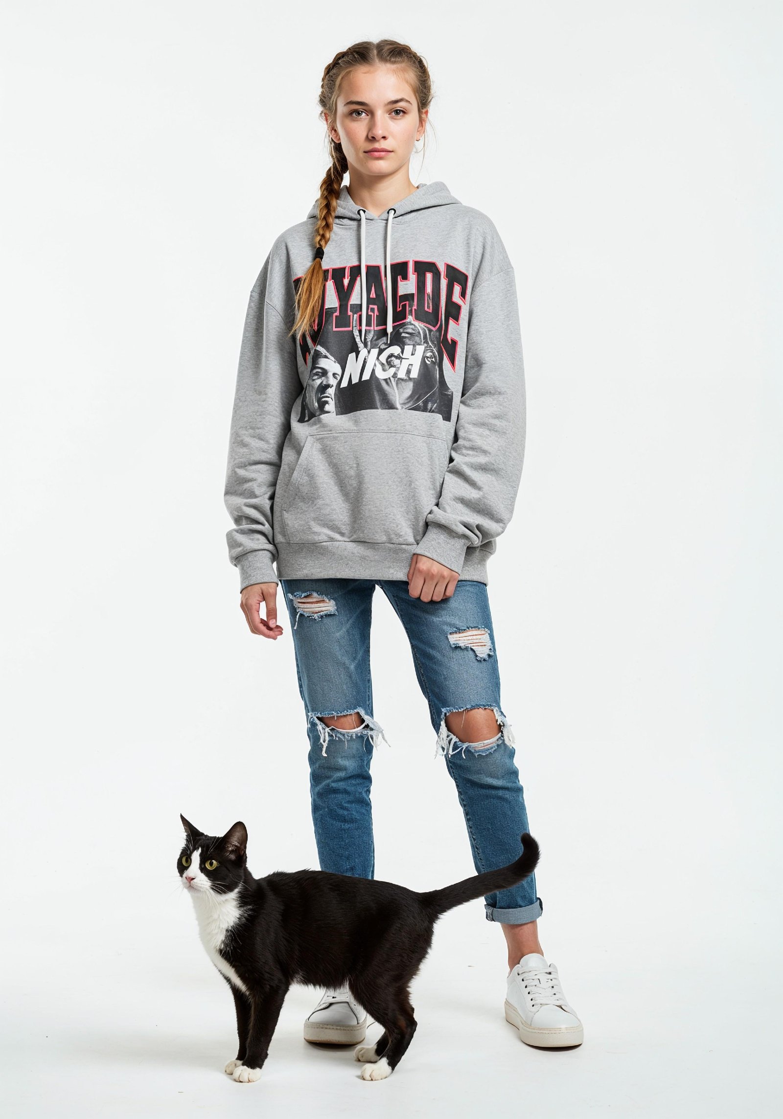Young Woman Holding Pet Cat Lifestyle Portrait with Casual Fashion and Animal Companion