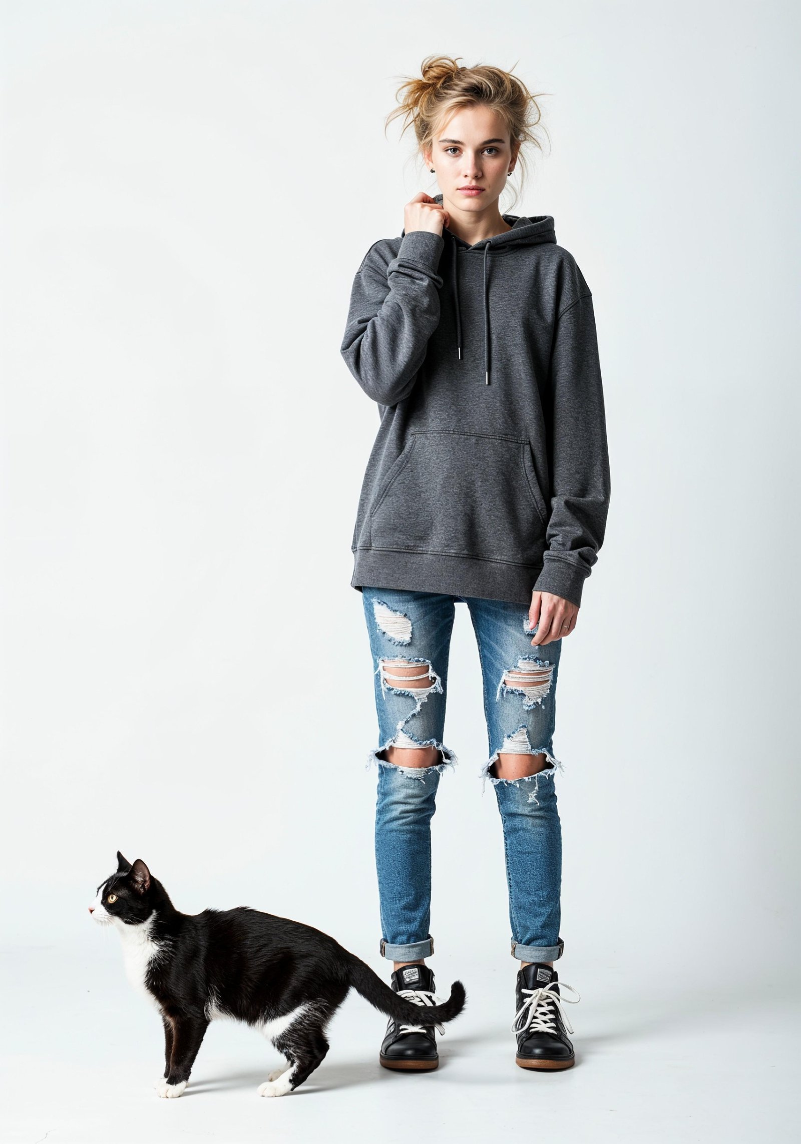 Young Woman Holding Pet Cat Lifestyle Portrait with Casual Fashion and Animal Companion