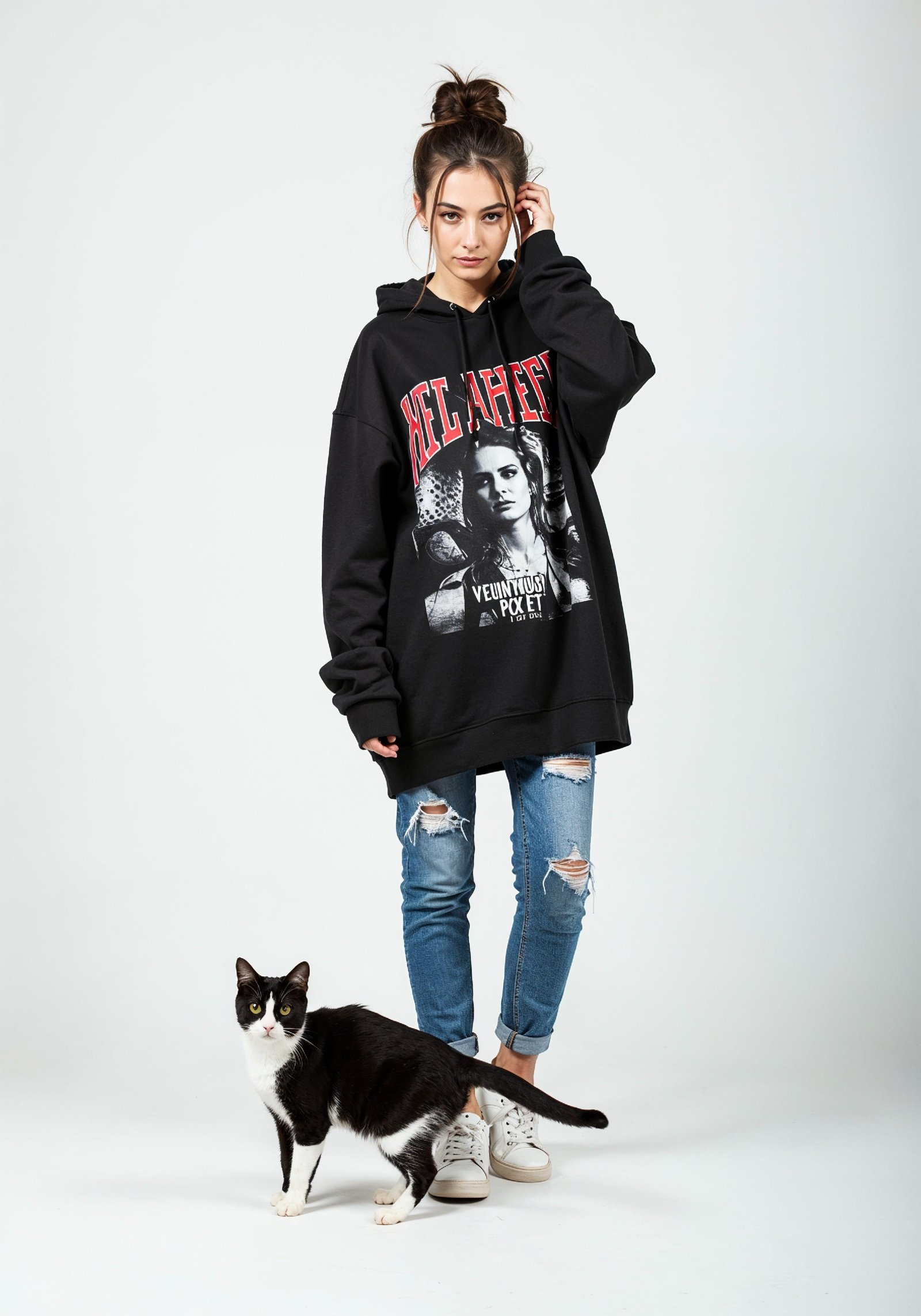 Young Woman Holding Pet Cat Lifestyle Portrait with Casual Fashion and Animal Companion