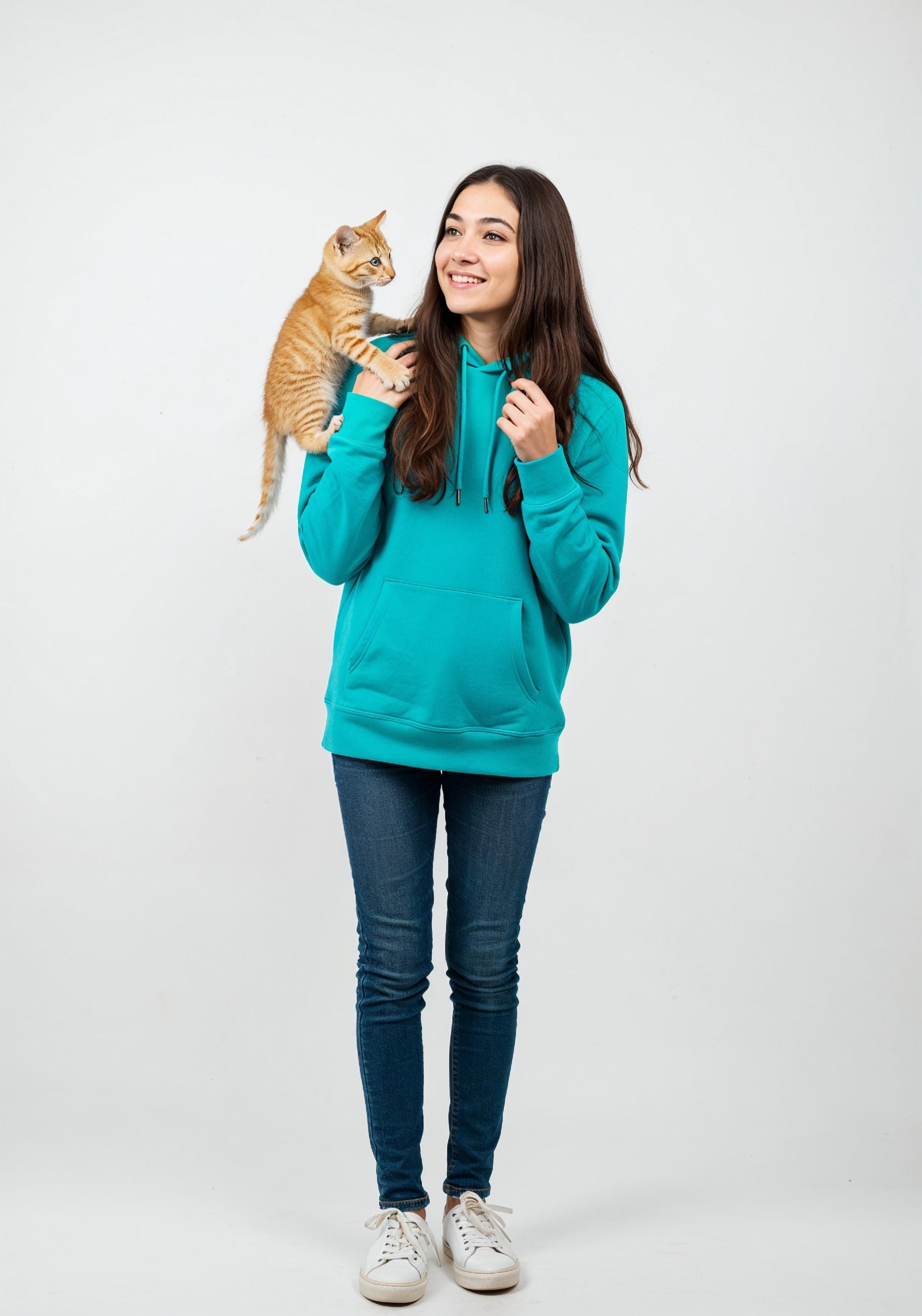 Young Woman Holding Pet Cat Lifestyle Portrait with Casual Fashion and Animal Companion