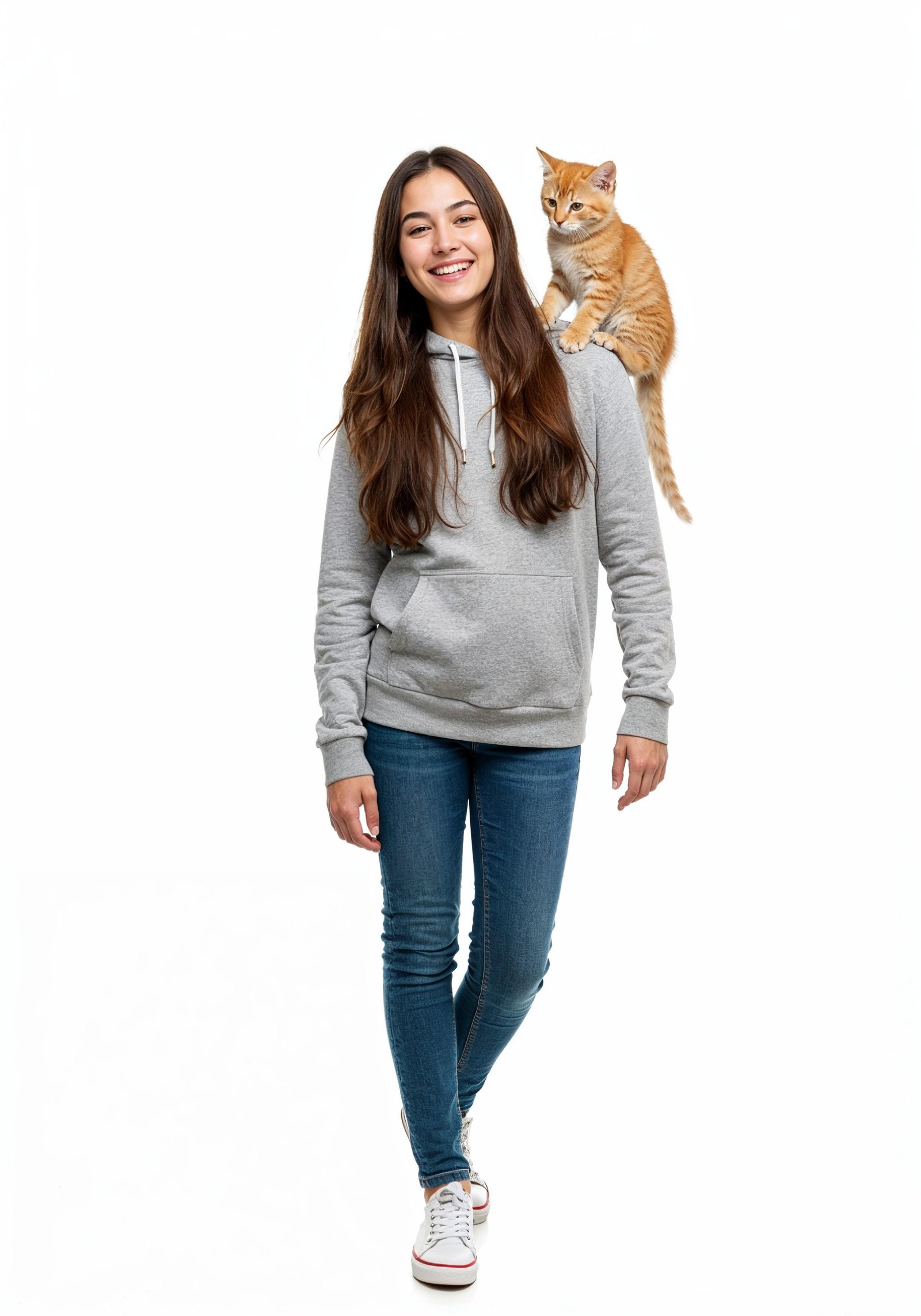 Young Woman Holding Pet Cat Lifestyle Portrait with Casual Fashion and Animal Companion