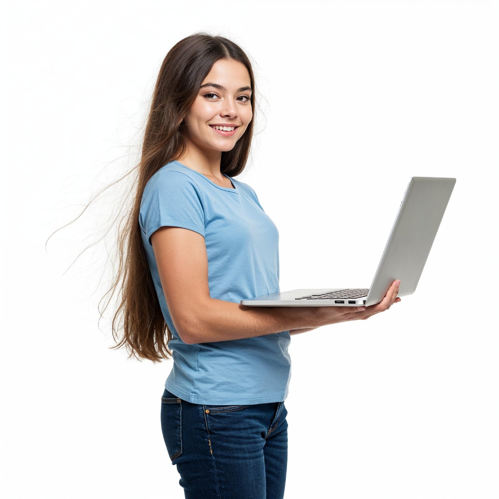 Young Woman Using Laptop While Standing Isolated on White Background, Technology Concept
