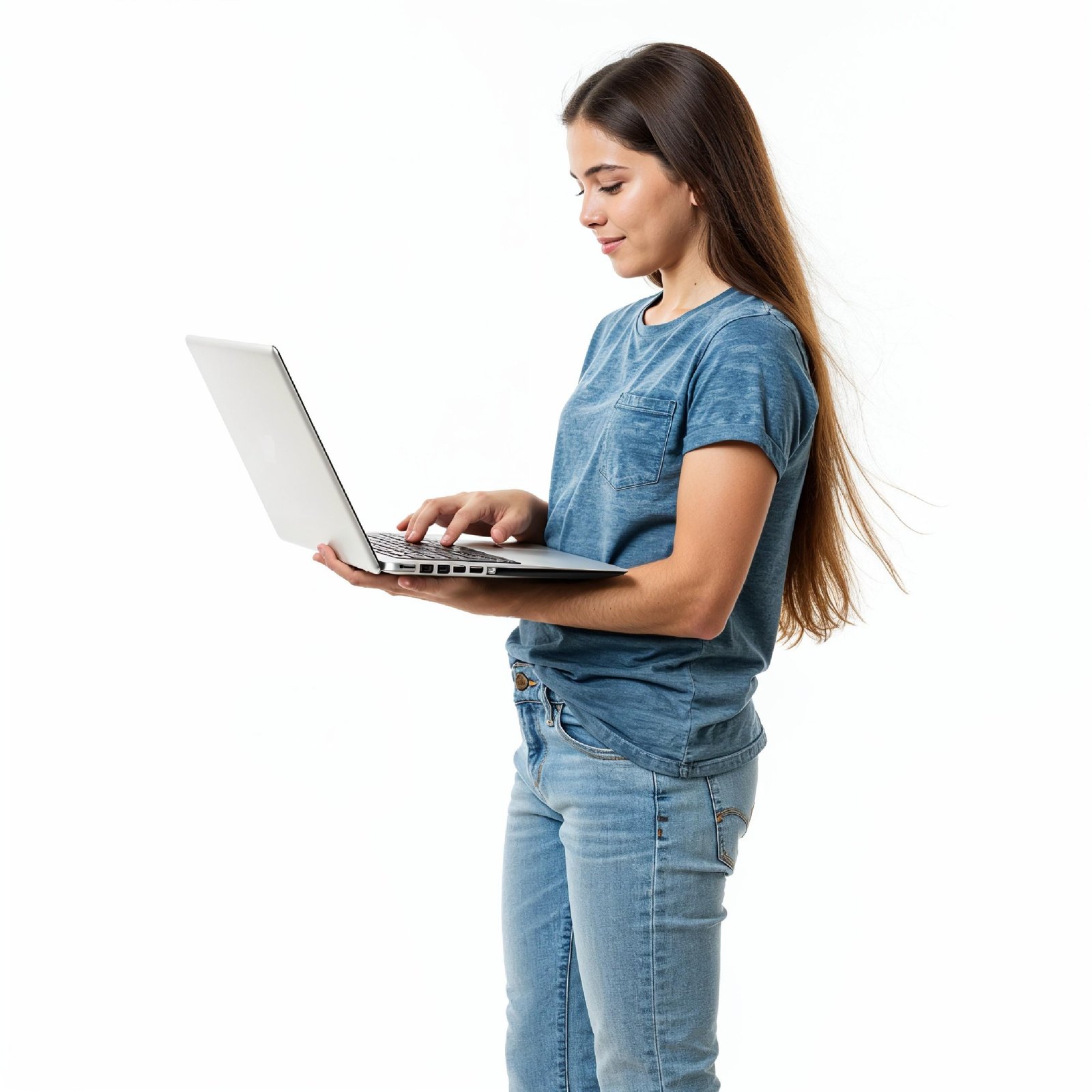Young Woman Using Laptop While Standing Isolated on White Background, Technology Concept