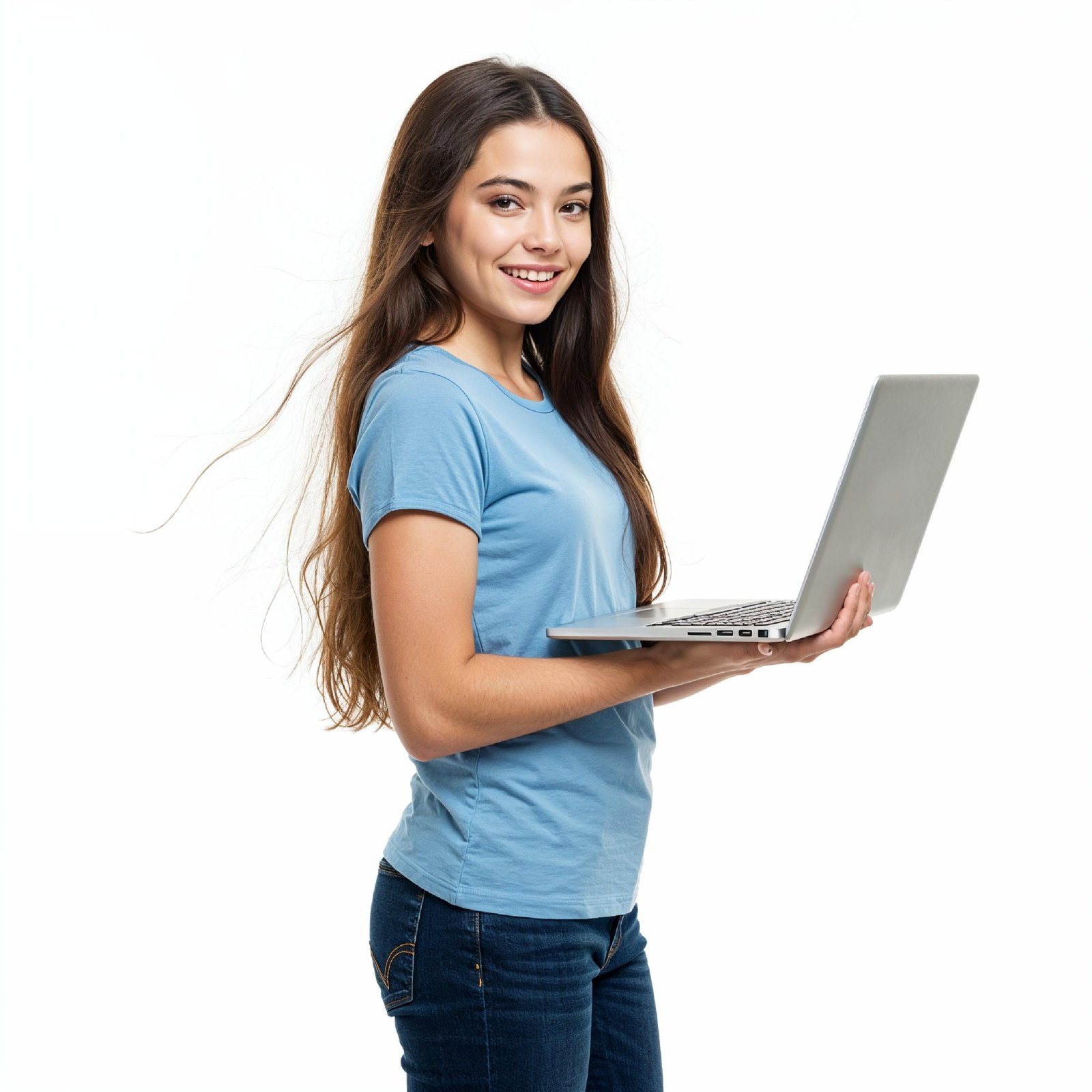 Young Woman Using Laptop While Standing Isolated on White Background, Technology Concept