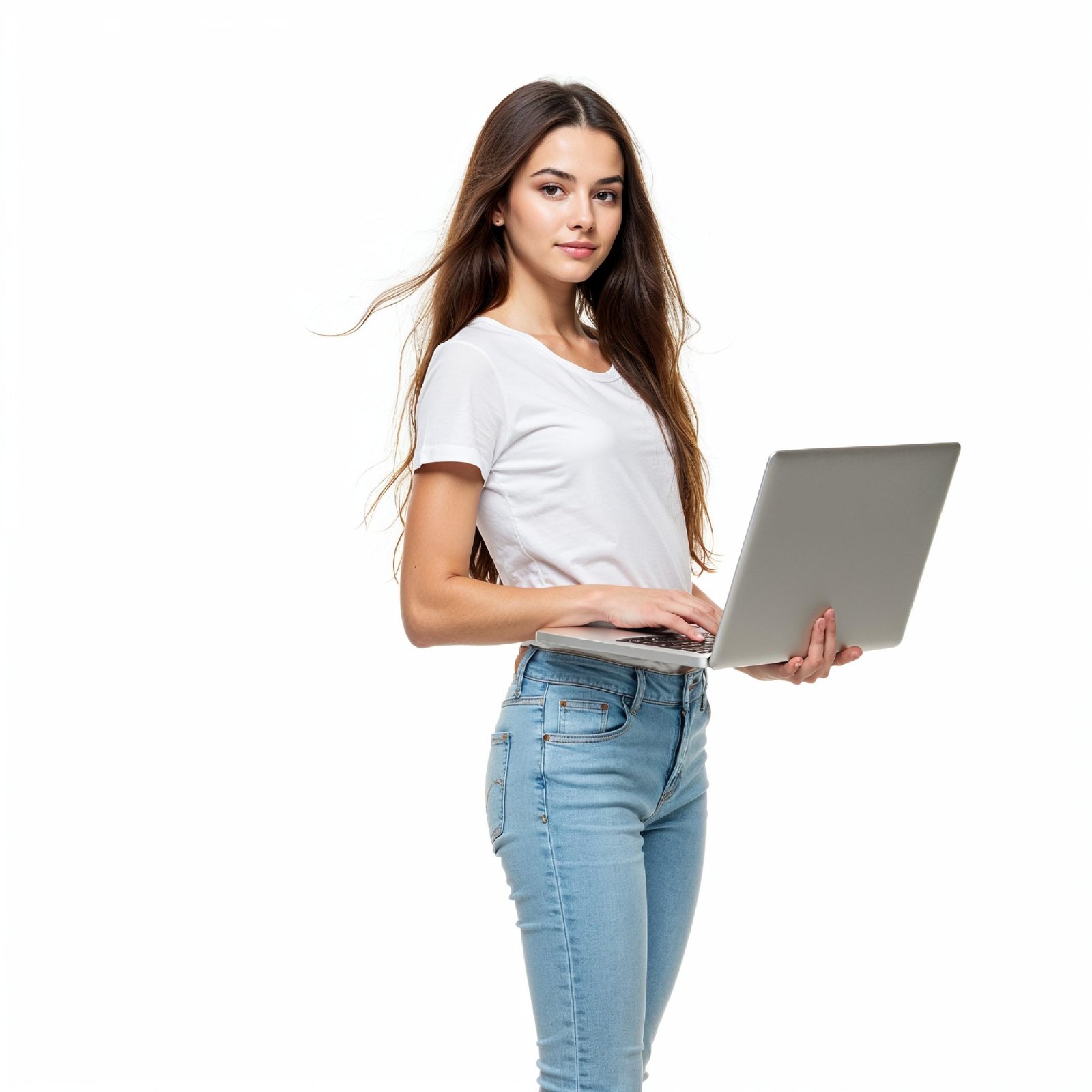 Young Woman Using Laptop While Standing Isolated on White Background, Technology Concept