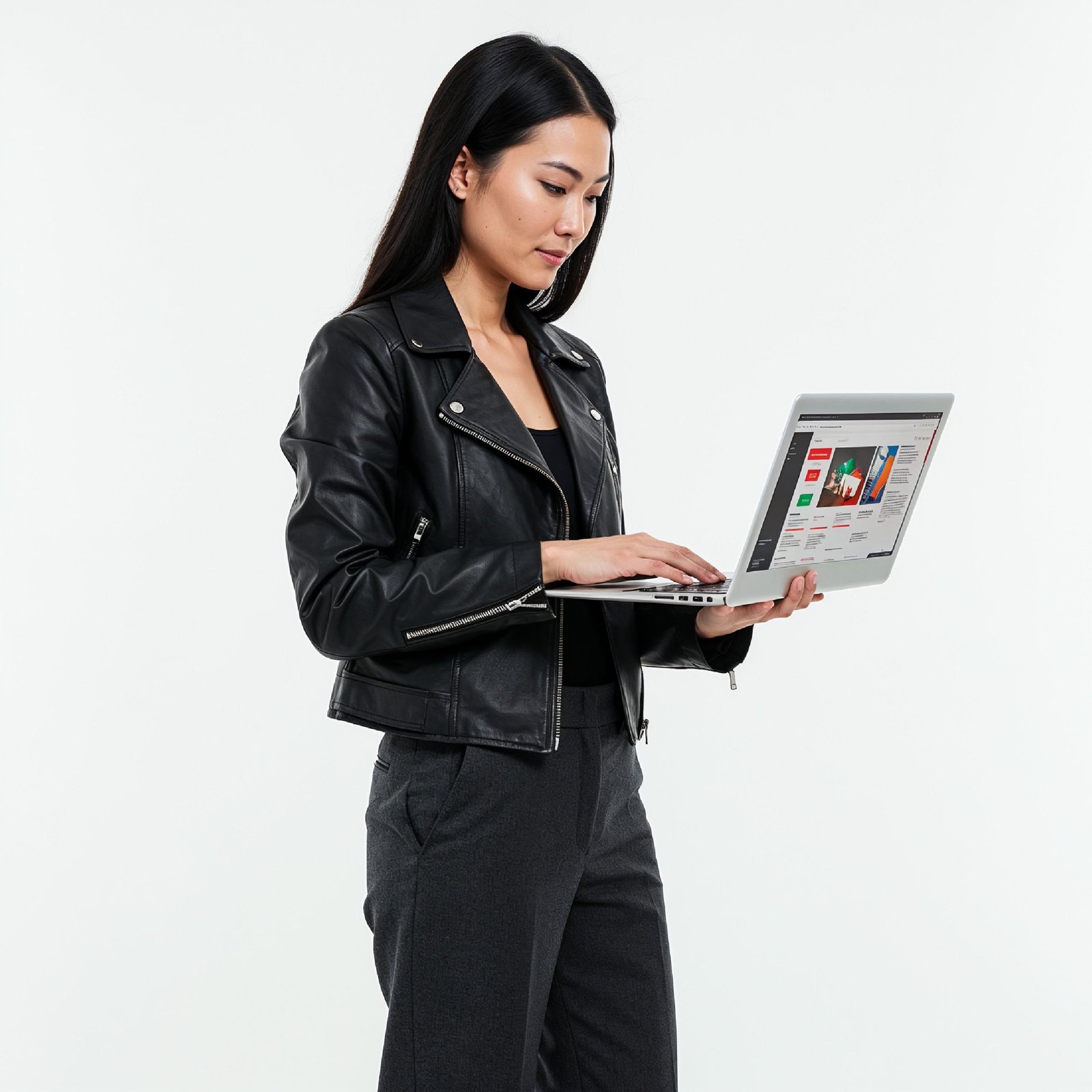 Young Woman Using Laptop While Standing Isolated on White Background, Technology Concept