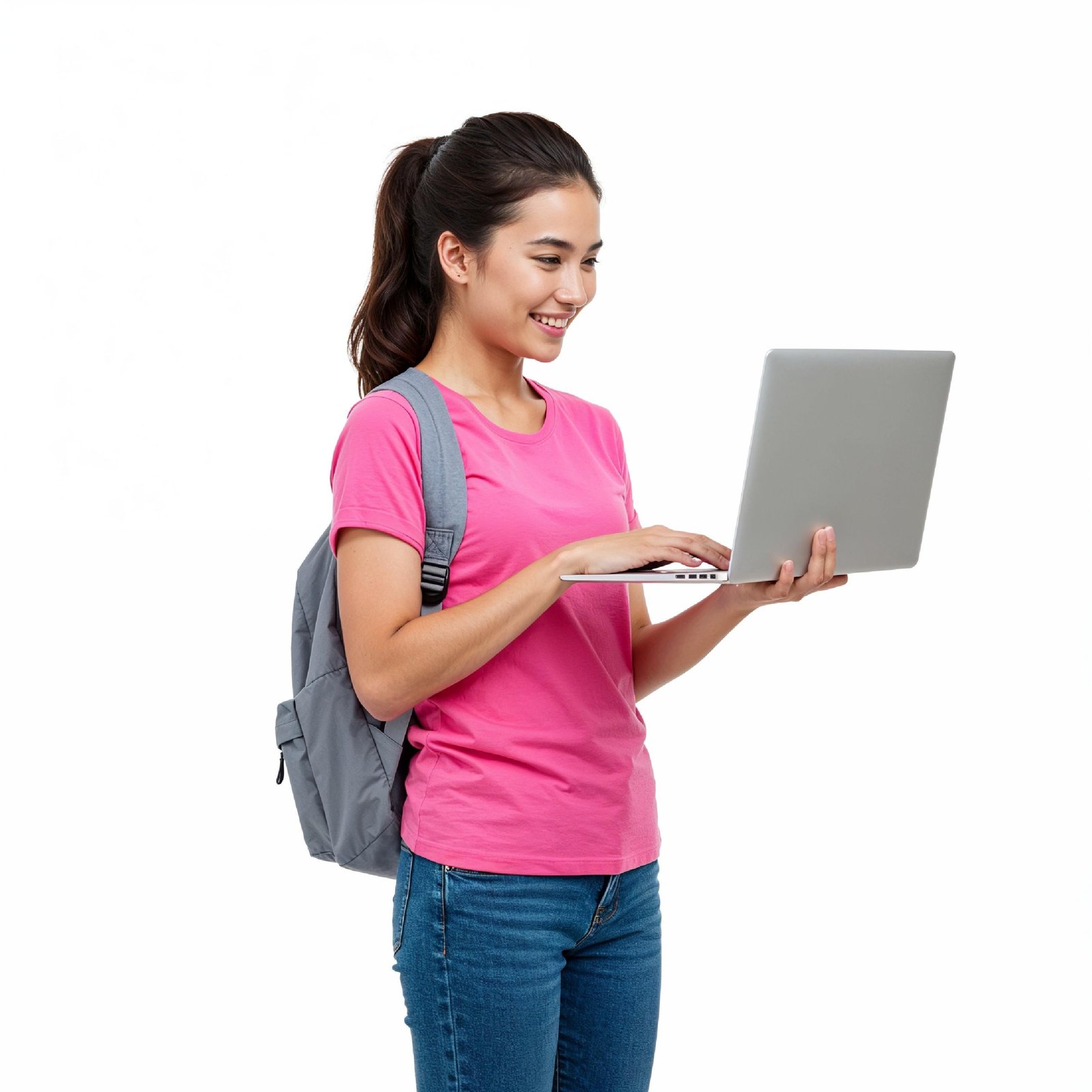 Young Woman Using Laptop While Standing Isolated on White Background, Technology Concept