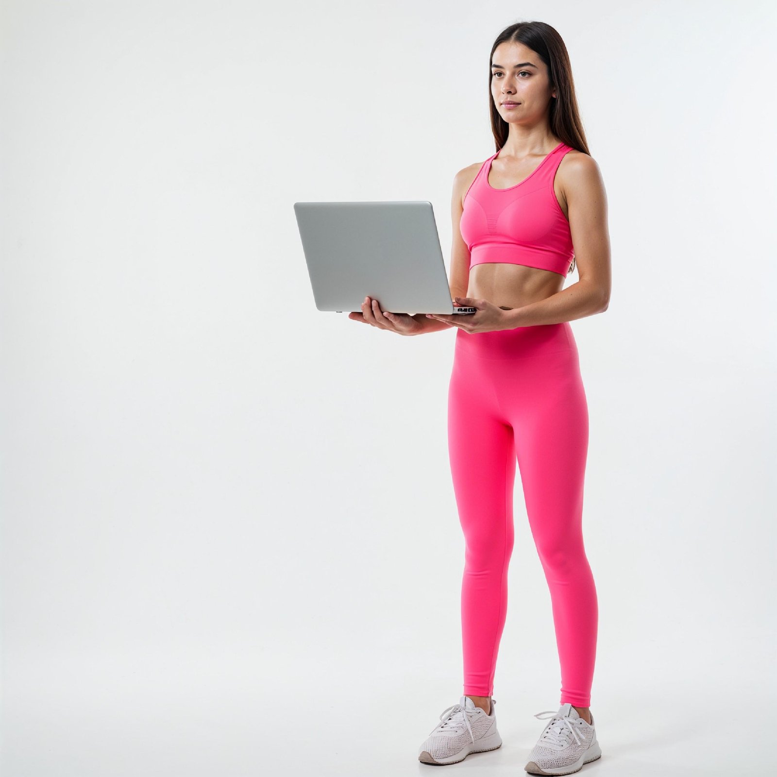 Young Woman Using Laptop While Standing Isolated on White Background, Technology Concept