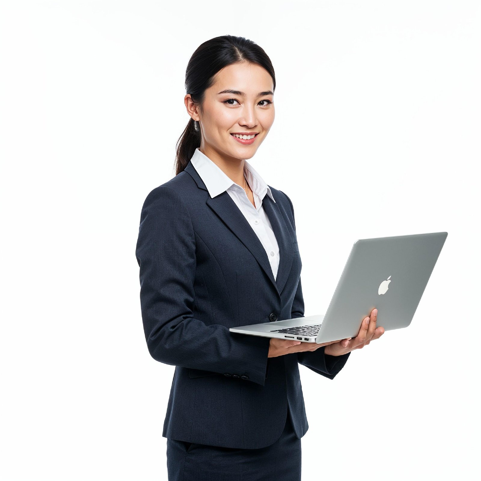Young Woman Using Laptop While Standing Isolated on White Background, Technology Concept
