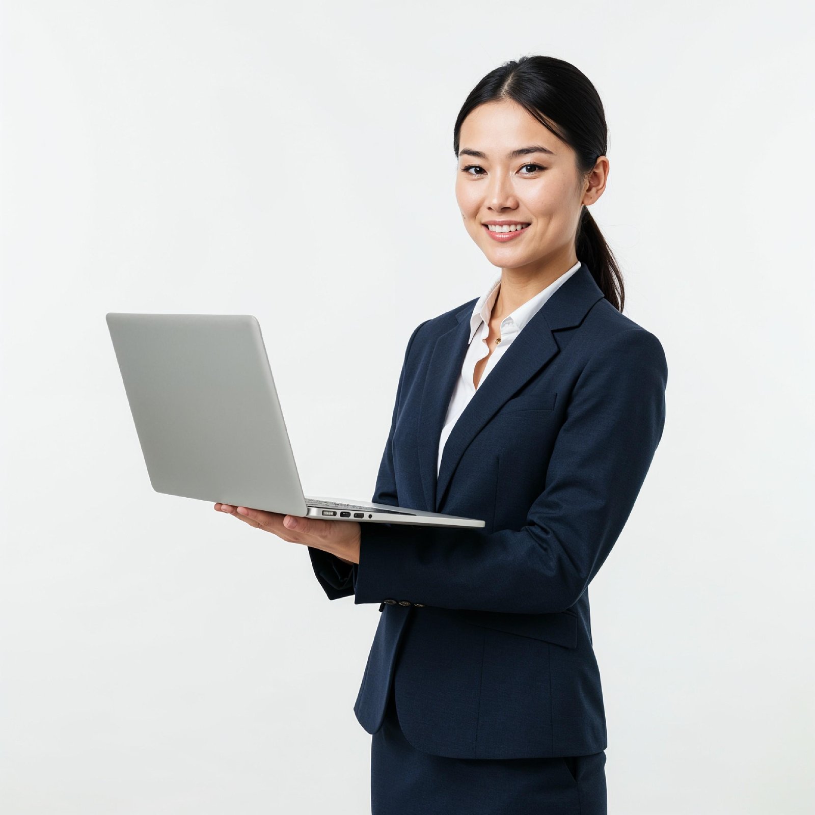 Young Woman Using Laptop While Standing Isolated on White Background, Technology Concept