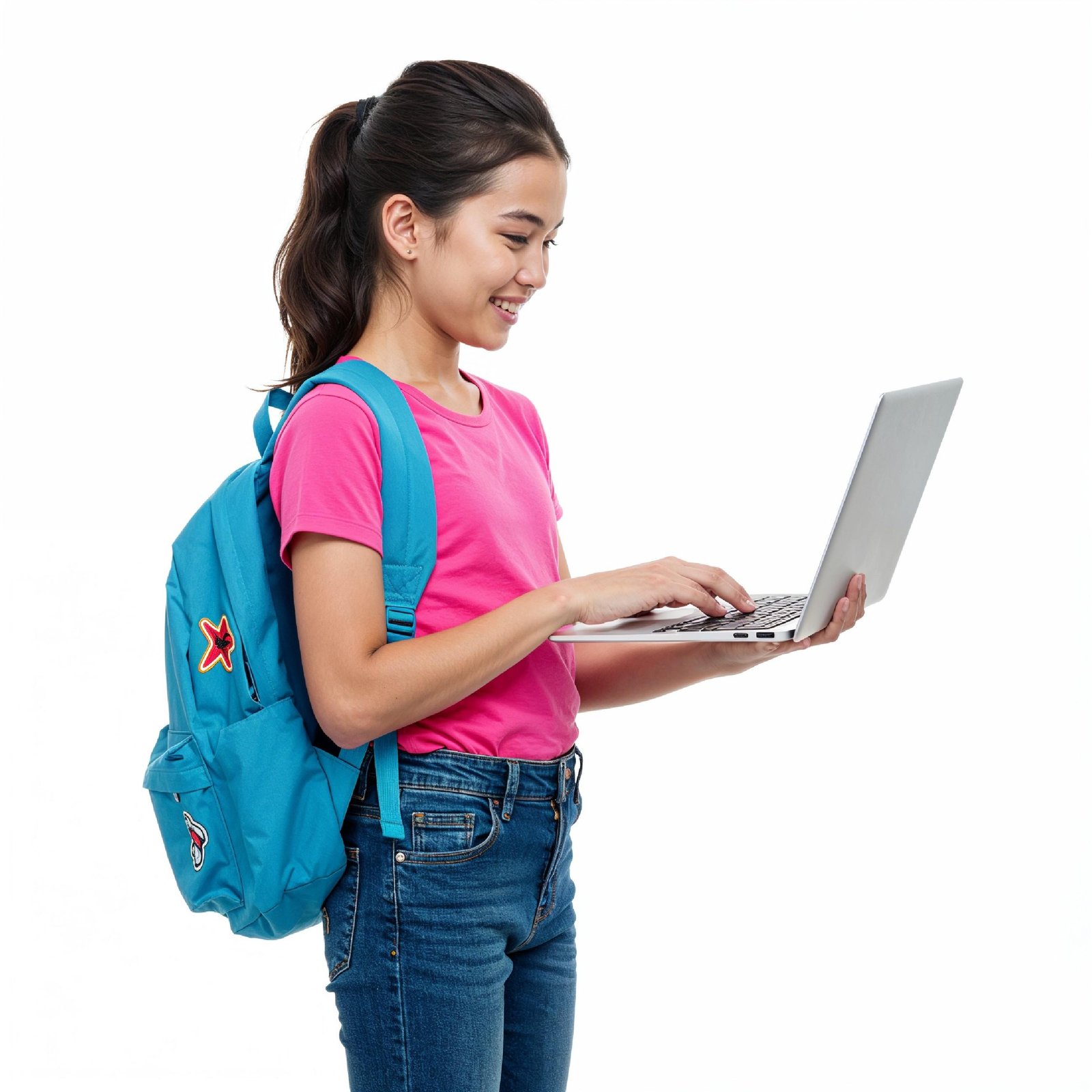 Young Woman Using Laptop While Standing Isolated on White Background, Technology Concept
