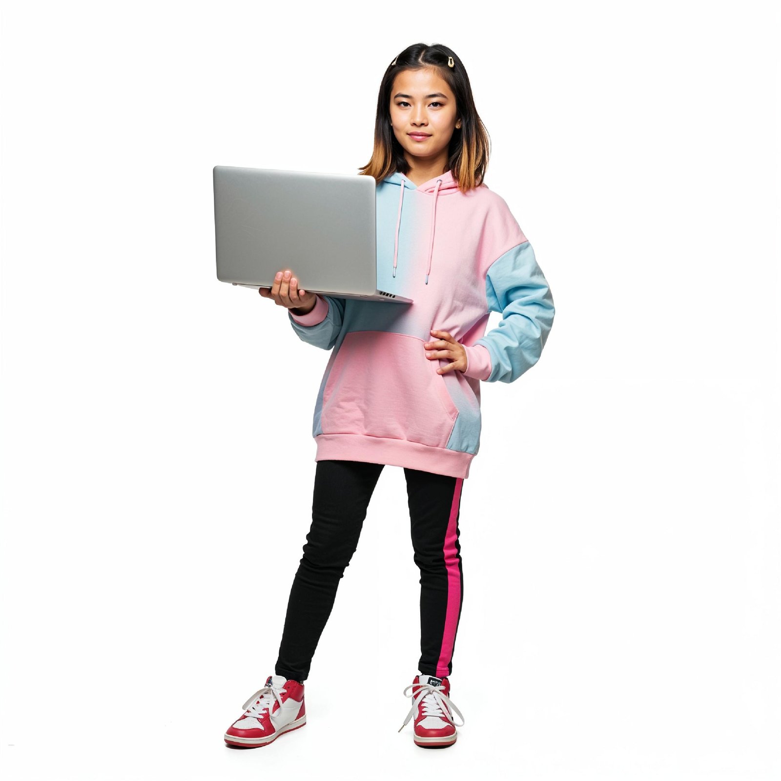 Young Woman Using Laptop While Standing Isolated on White Background, Technology Concept