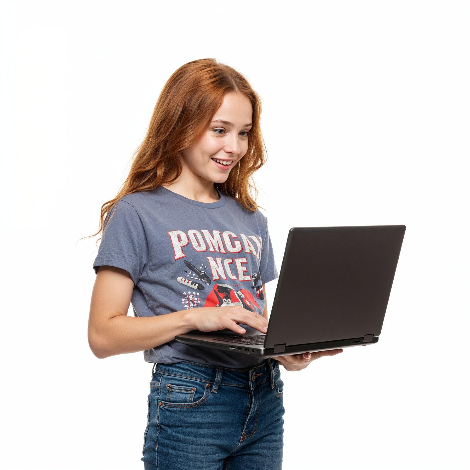 Young Woman Using Laptop While Standing Isolated on White Background, Technology Concept