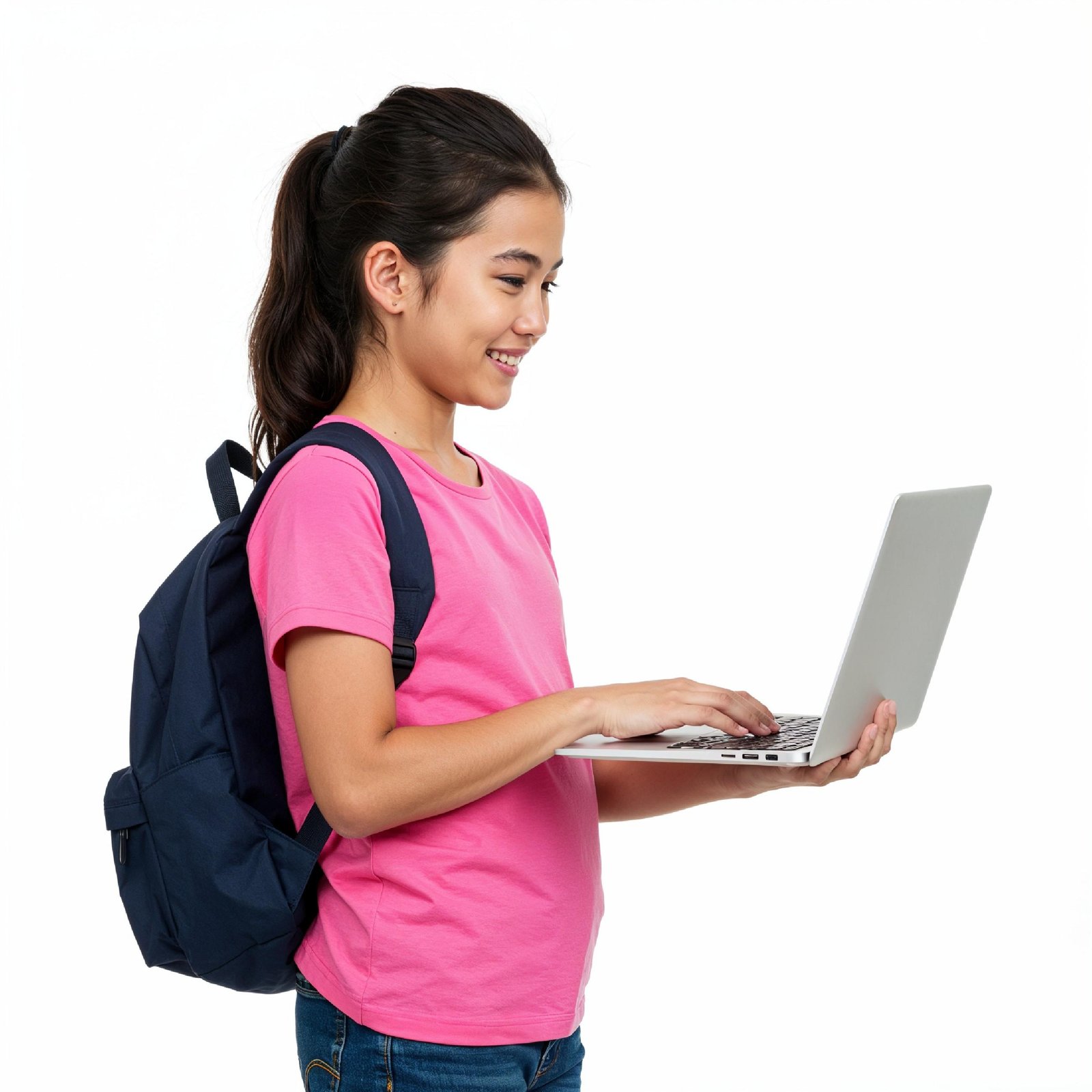 Young Woman Using Laptop While Standing Isolated on White Background, Technology Concept