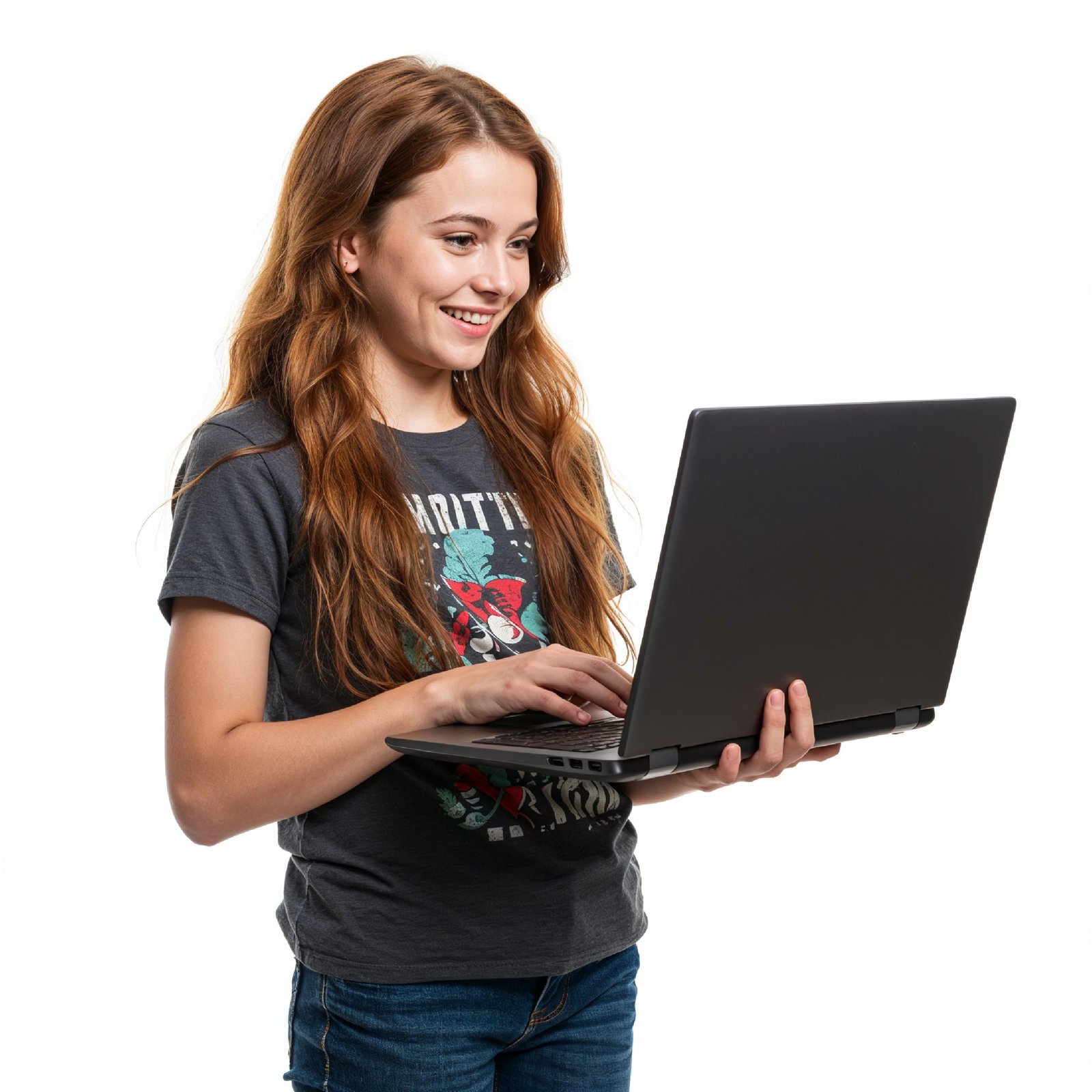 Young Woman Using Laptop While Standing Isolated on White Background, Technology Concept
