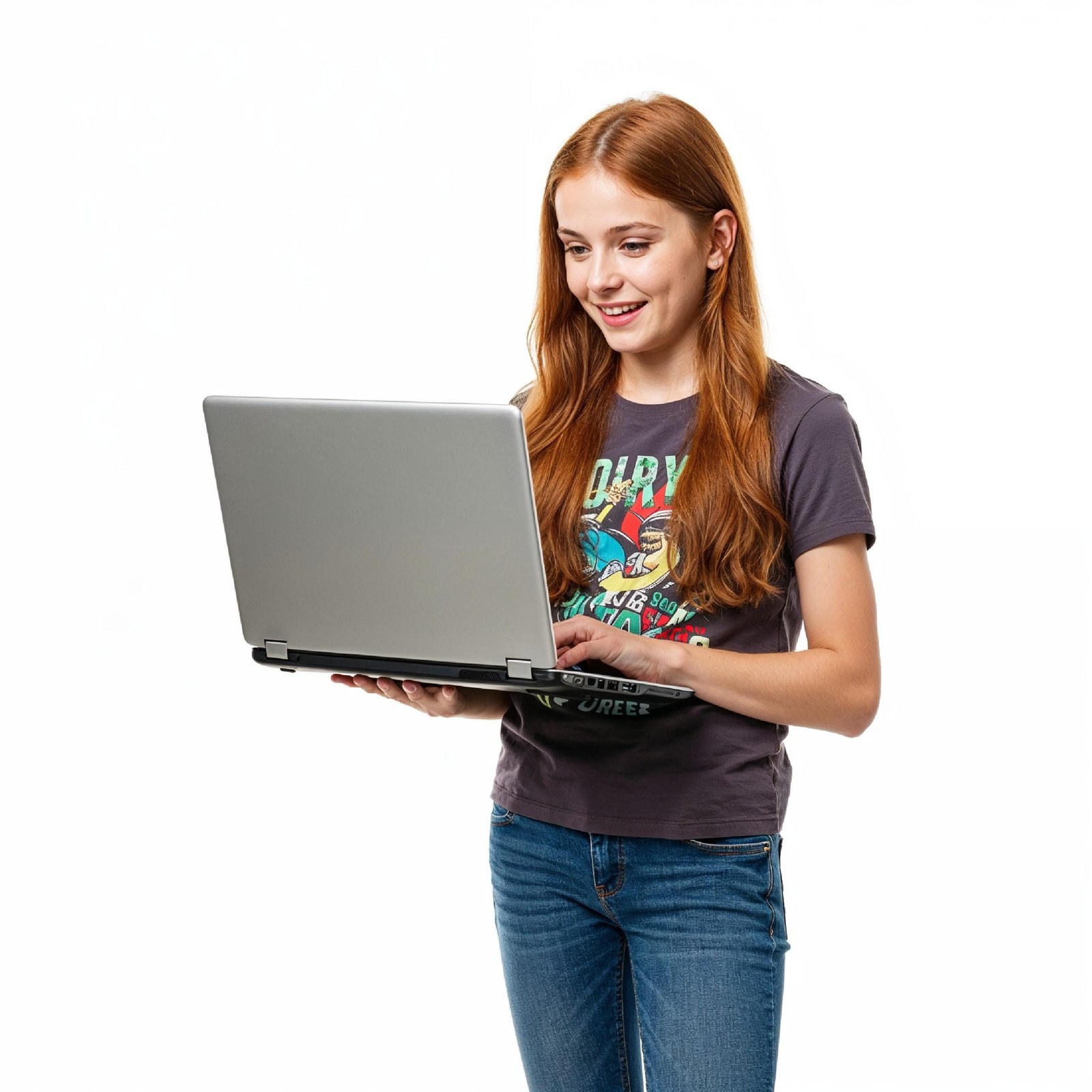 Young Woman Using Laptop While Standing Isolated on White Background, Technology Concept