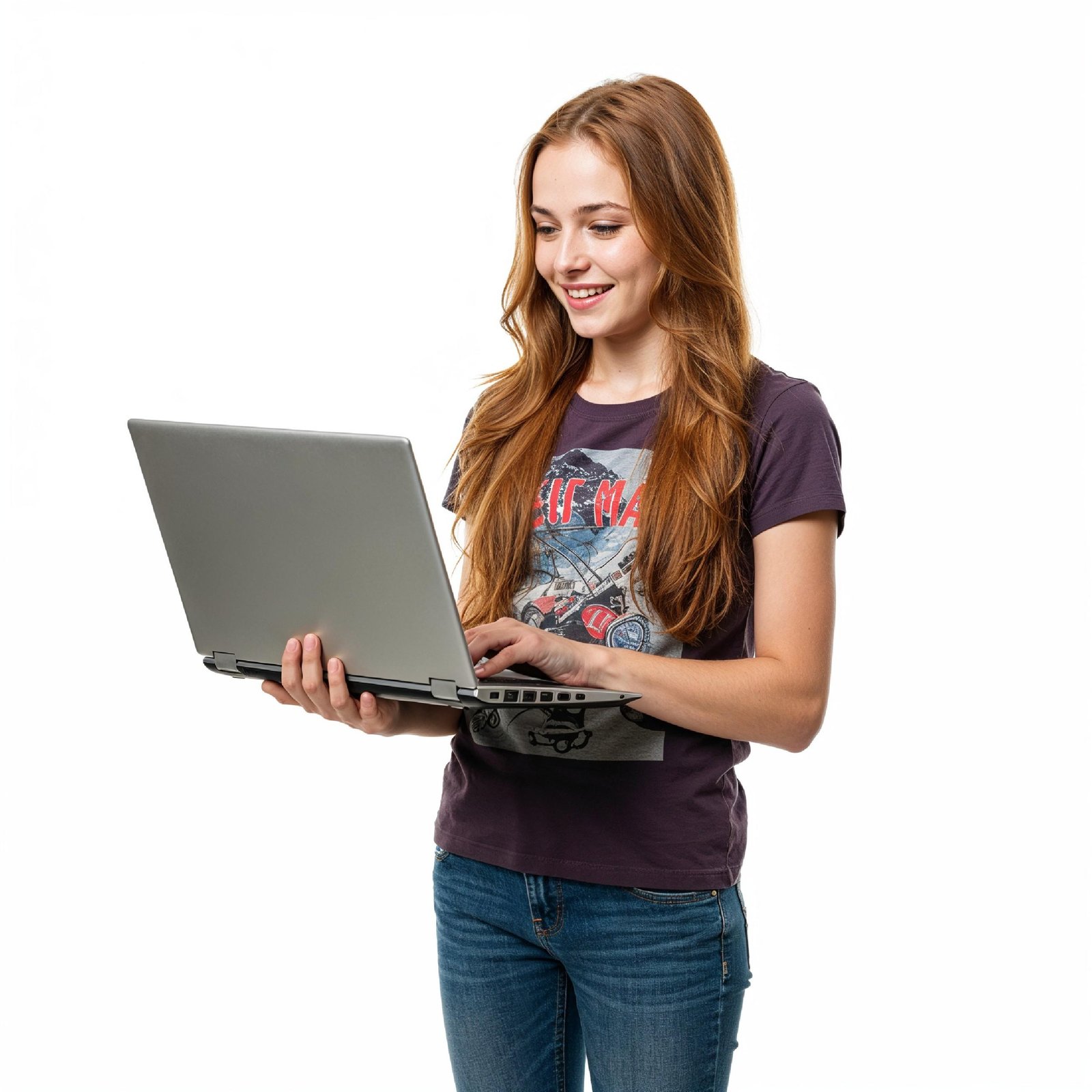 Young Woman Using Laptop While Standing Isolated on White Background, Technology Concept