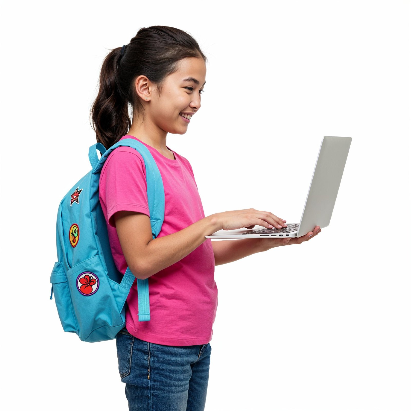 Young Woman Using Laptop While Standing Isolated on White Background, Technology Concept