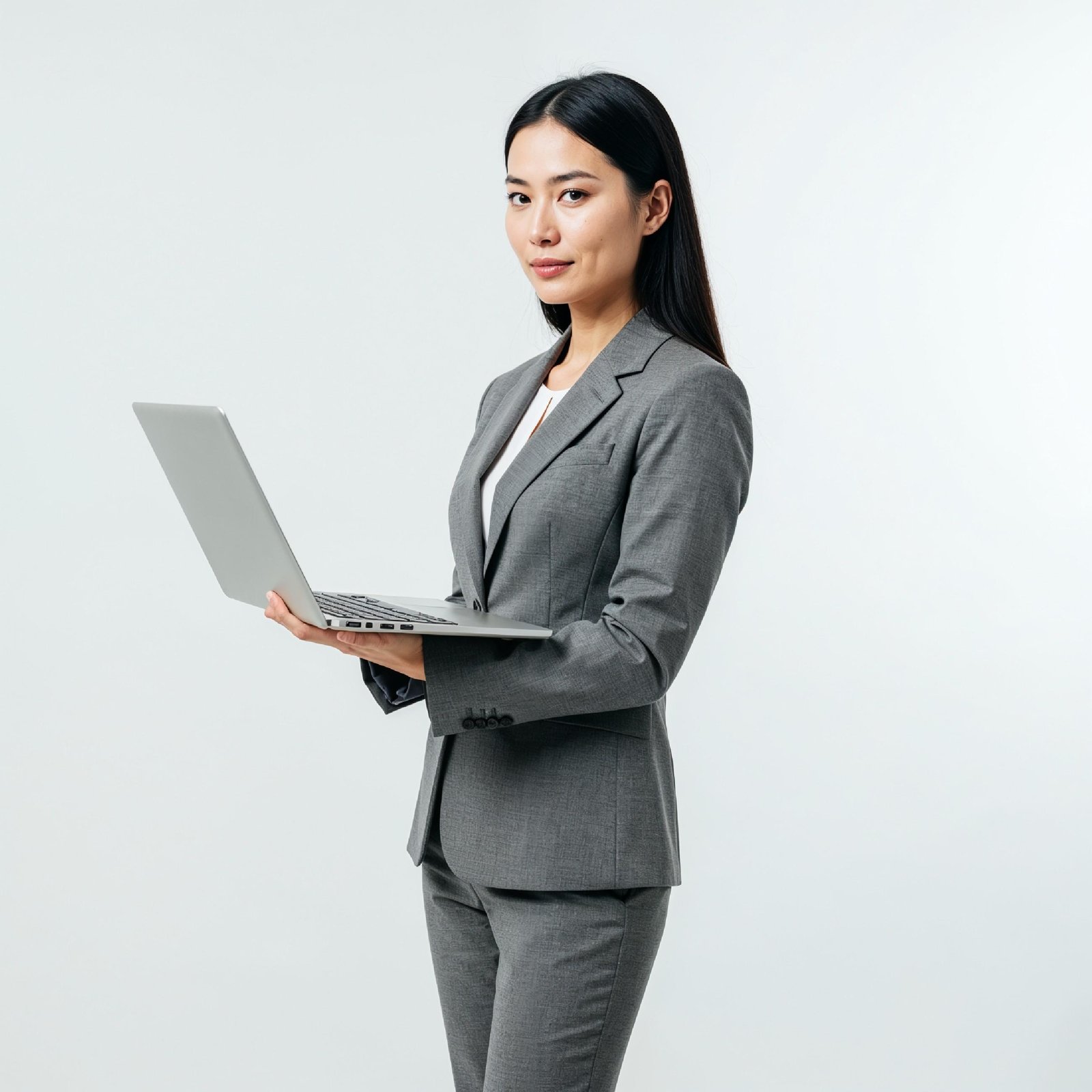 Young Woman Using Laptop While Standing Isolated on White Background, Technology Concept