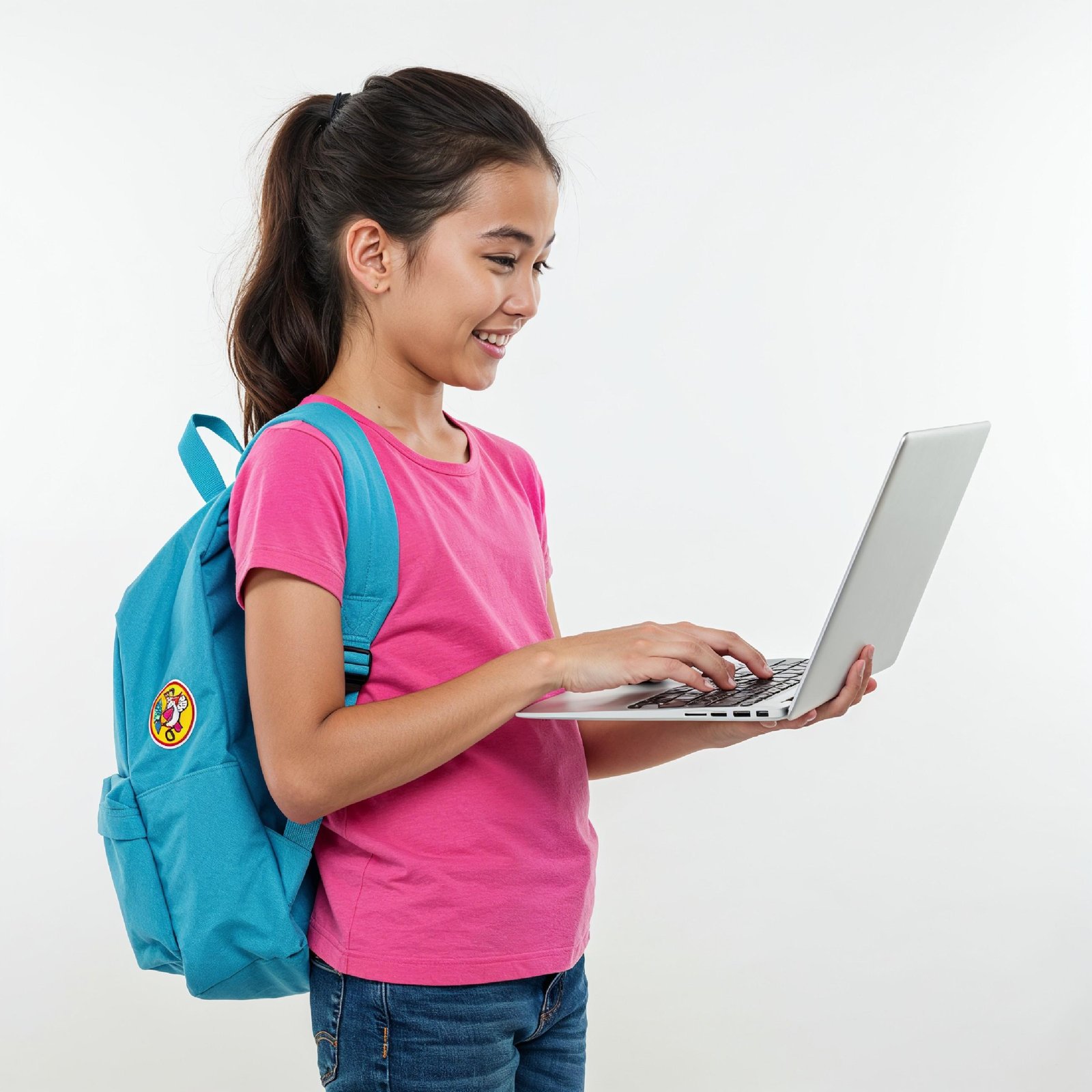 Young Woman Using Laptop While Standing Isolated on White Background, Technology Concept