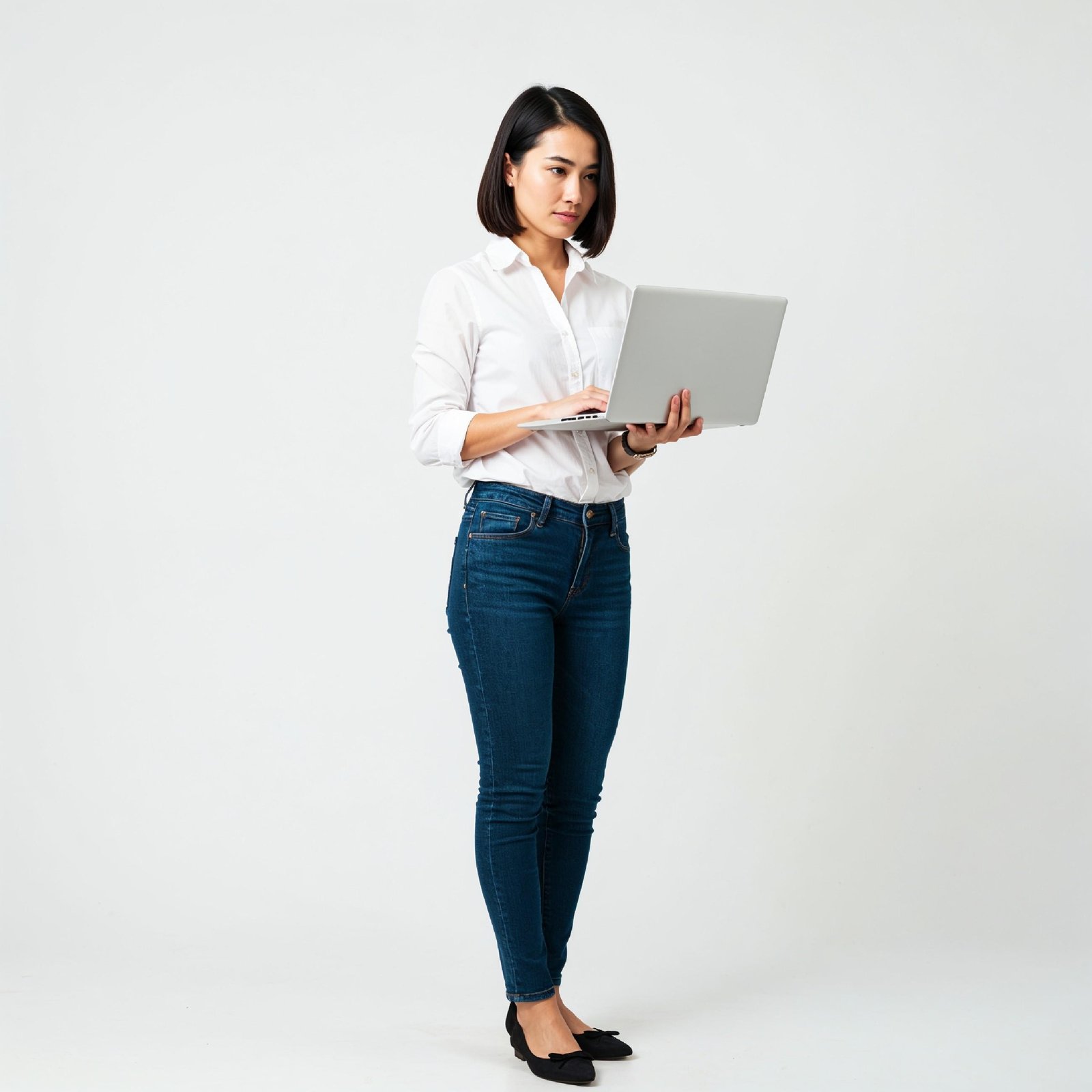 Young Woman Using Laptop While Standing Isolated on White Background, Technology Concept