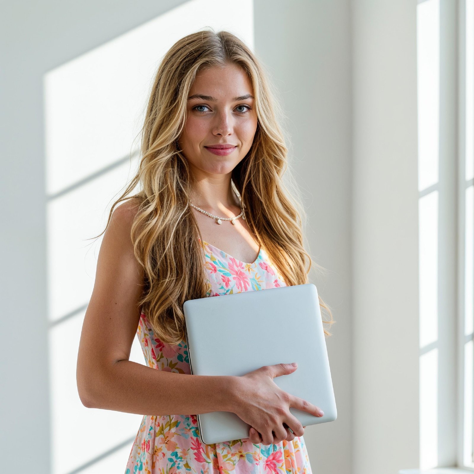 Young Woman Using Laptop While Standing Isolated on White Background, Technology Concept