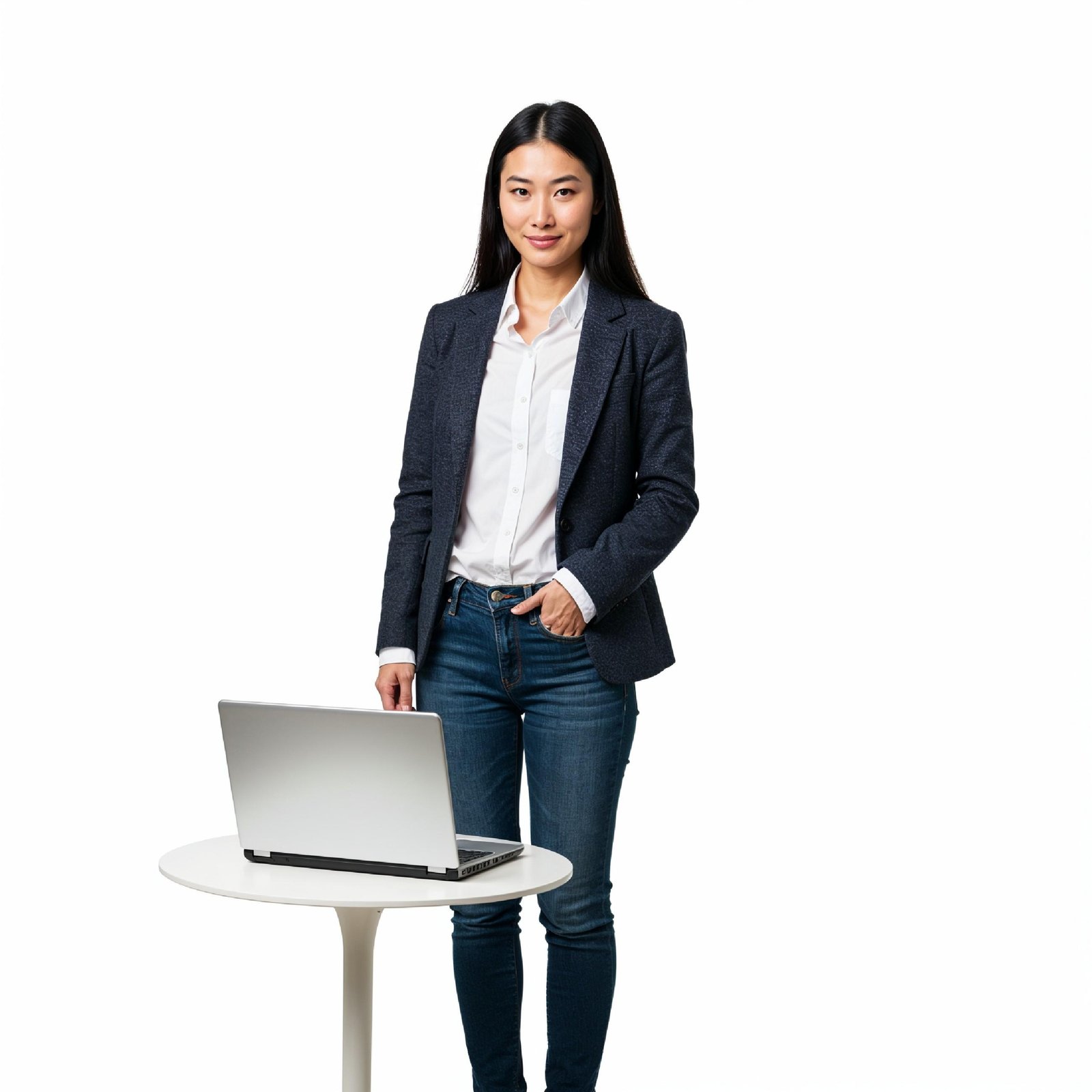 Young Woman Using Laptop While Standing Isolated on White Background, Technology Concept